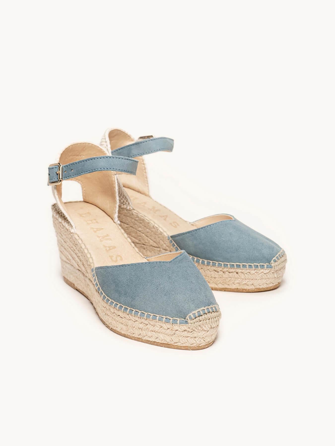 Sandália Anabela Média Plataforma Jara Camurça Azul Jeans