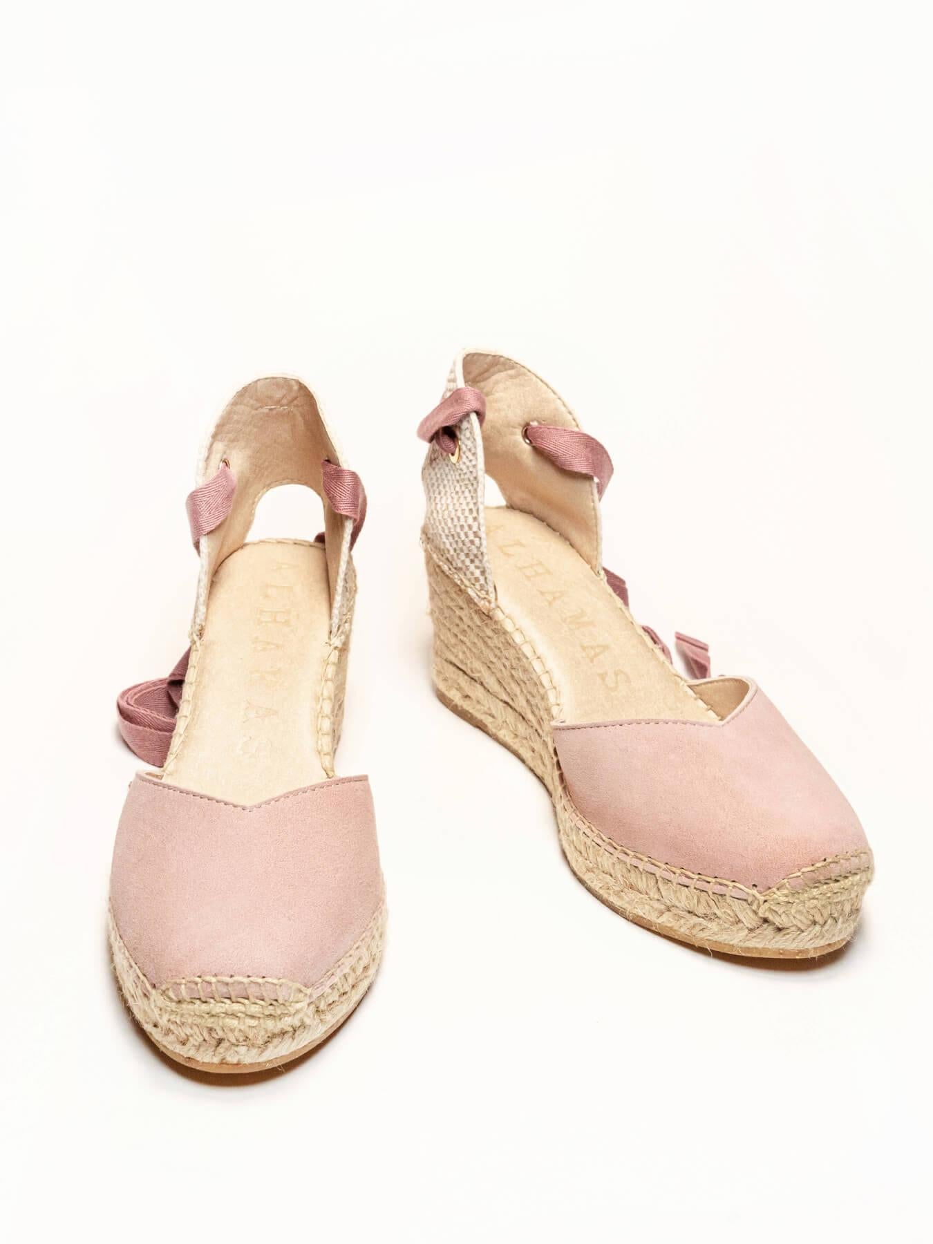 Sandália Romero Anabela 7 cm Camurça Rosa Claro