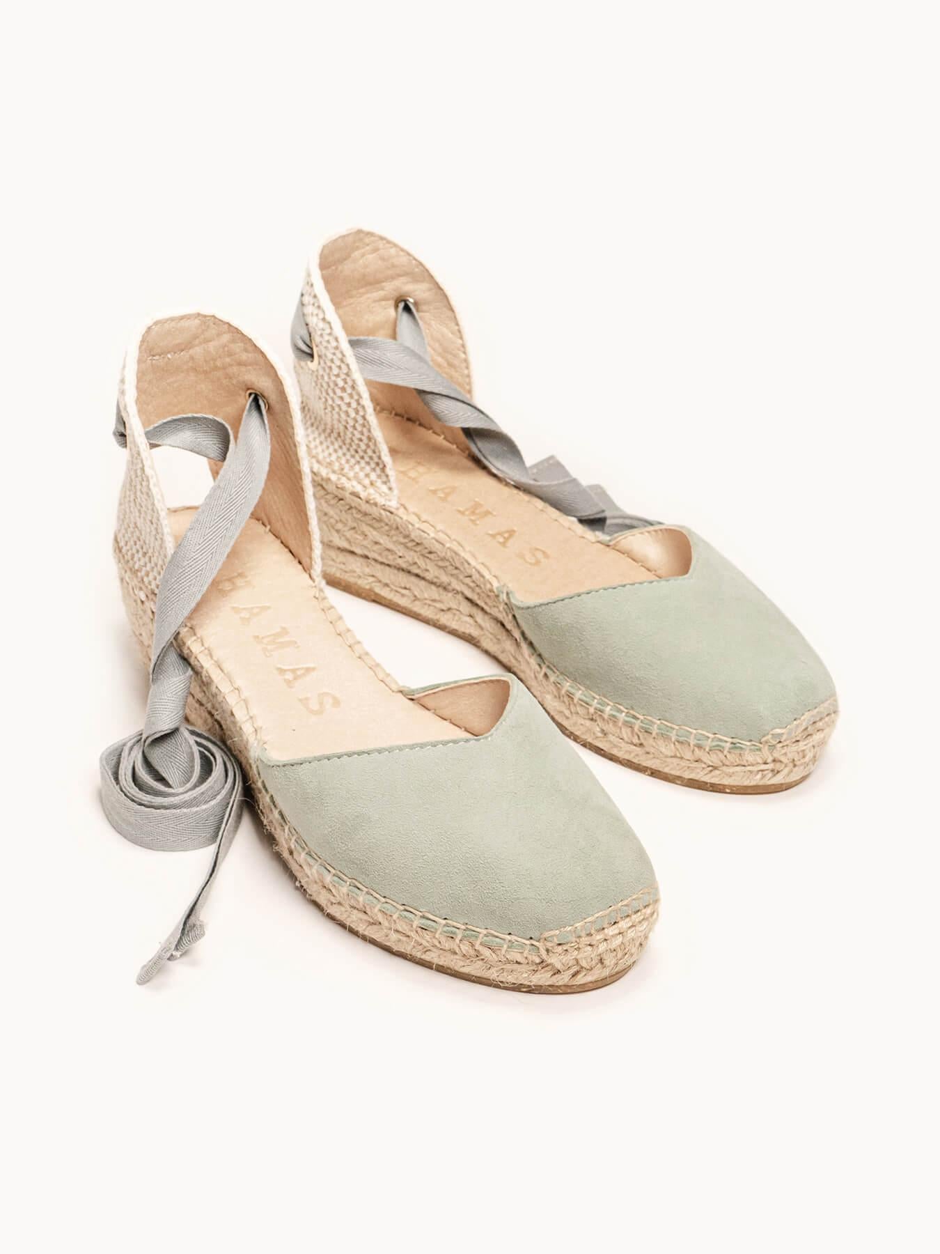 Sandália Anabela Baixa Romero Camurça Verde Claro