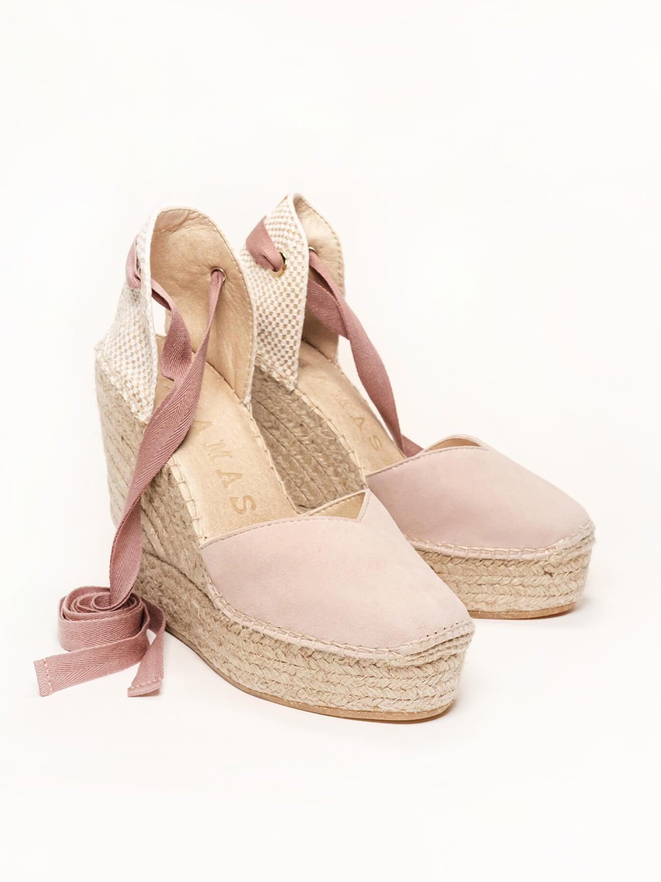 Sandália Romero Anabela 12 cm Camurça Rosa Claro