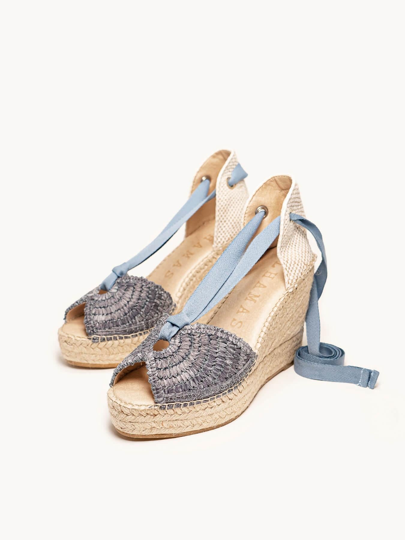 Sandália Lirio Anabela 10 cm Ráfia Azul Jeans