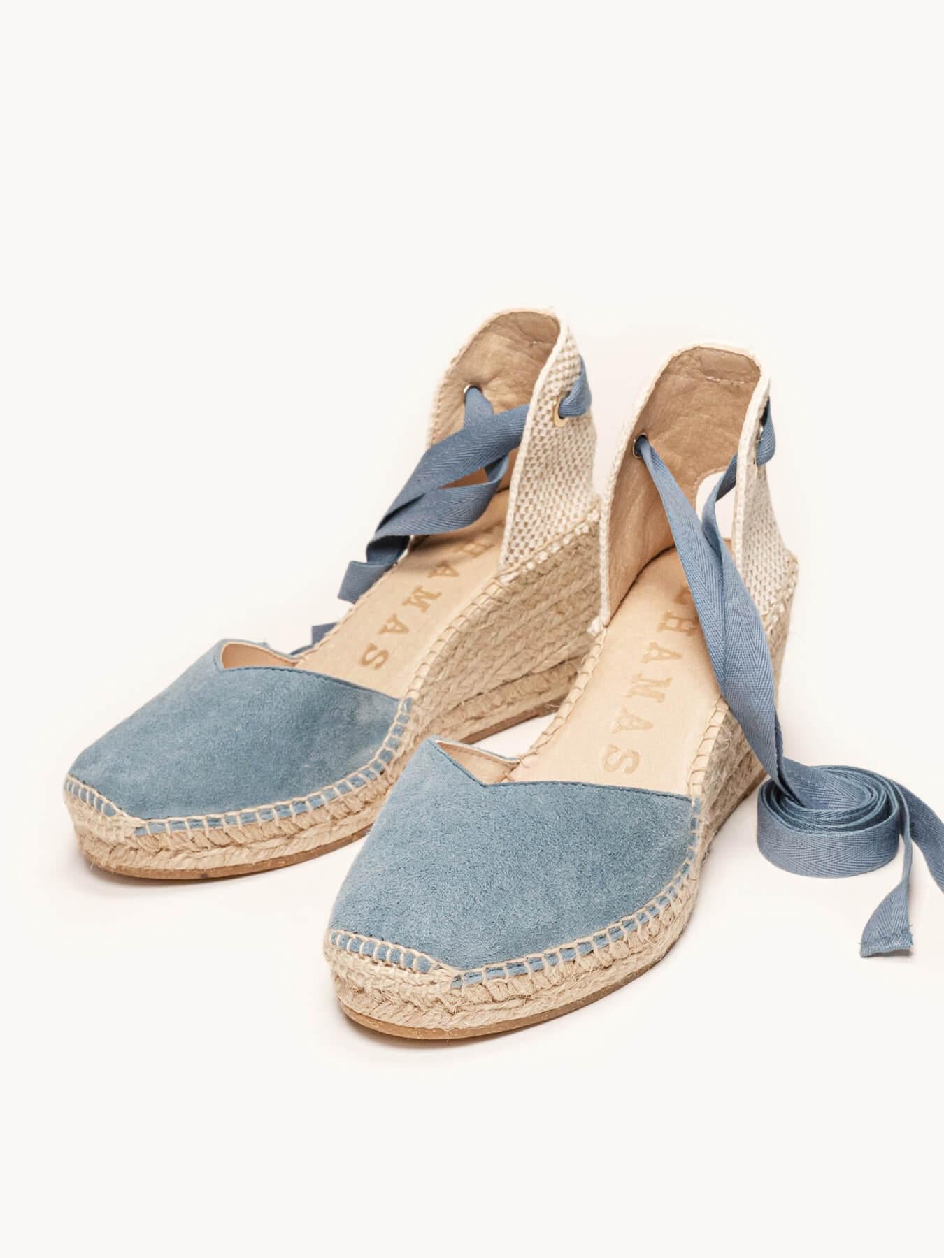 Sandália Romero Anabela 7 cm Camurça Azul Jeans