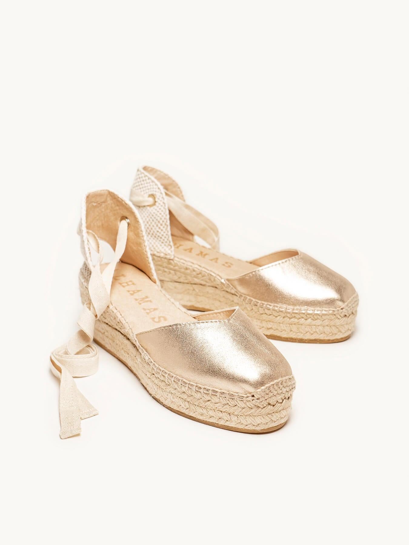 Sandália Romero Anabela 6 cm Camurça Dourado