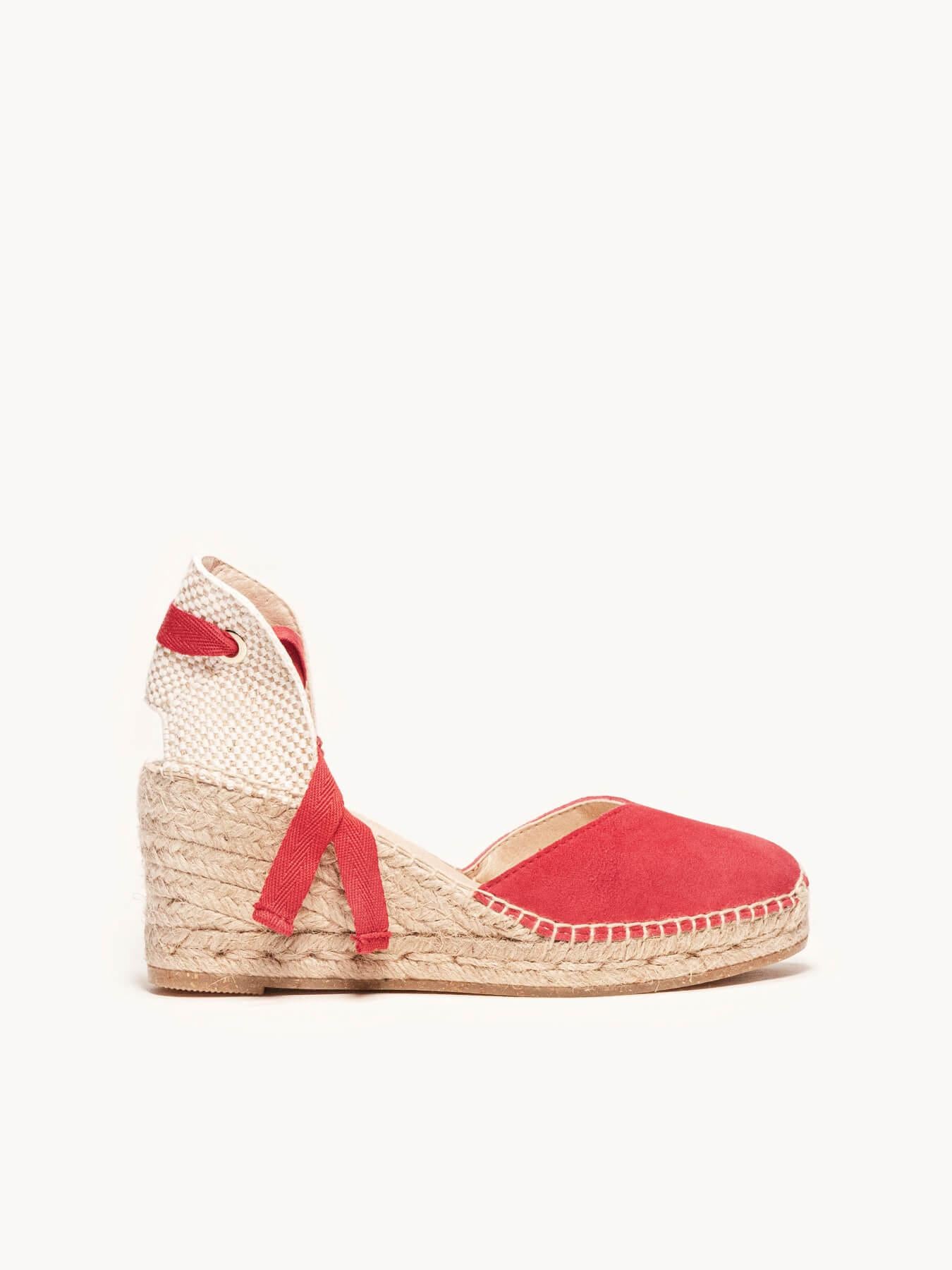 Sandália Romero Anabela 7 cm Camurça Vermelho