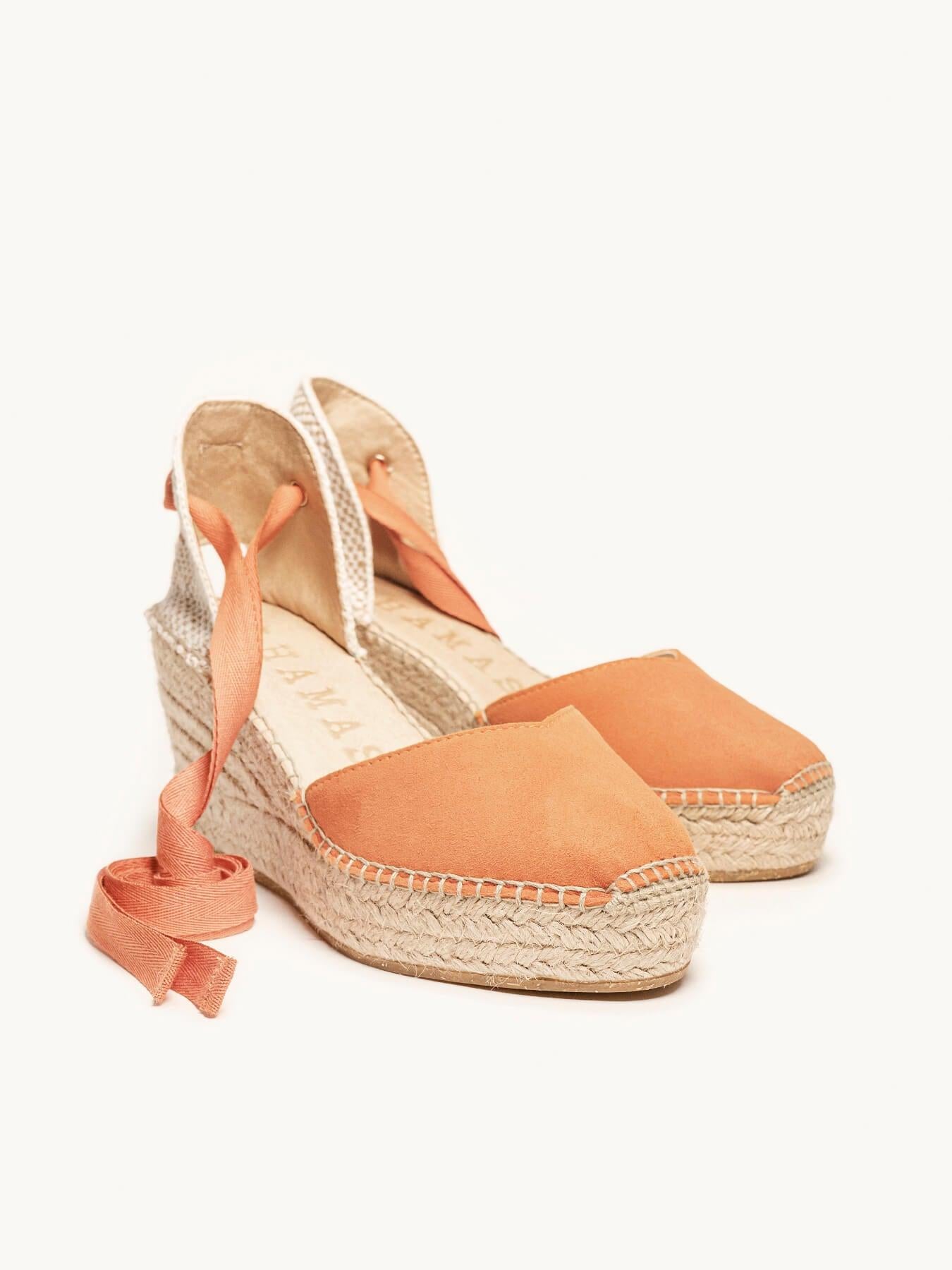 Sandália Romero Anabela 8 cm Camurça Laranja