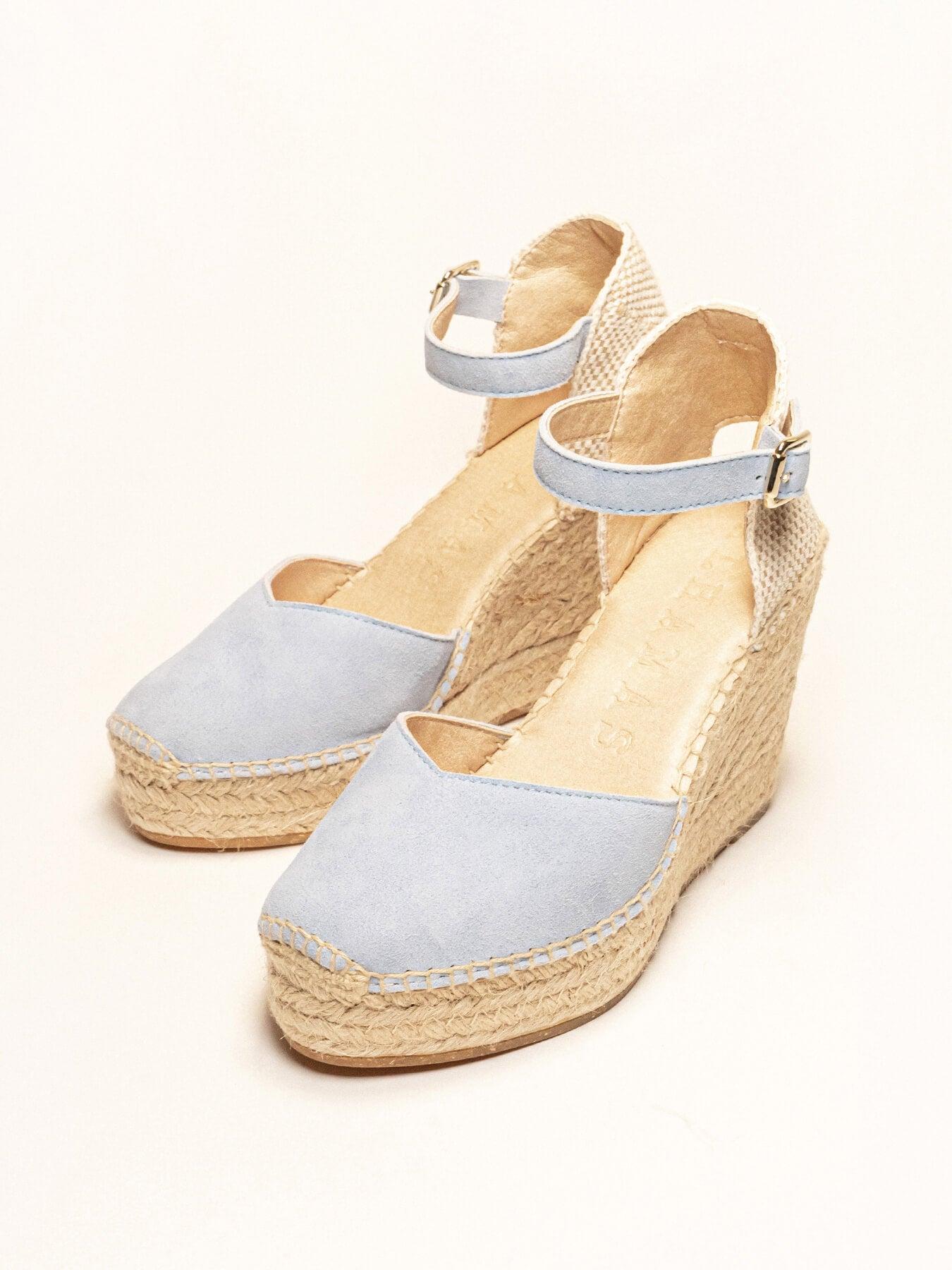 Sandália Anabela Alta Jara Camurça Azul Claro