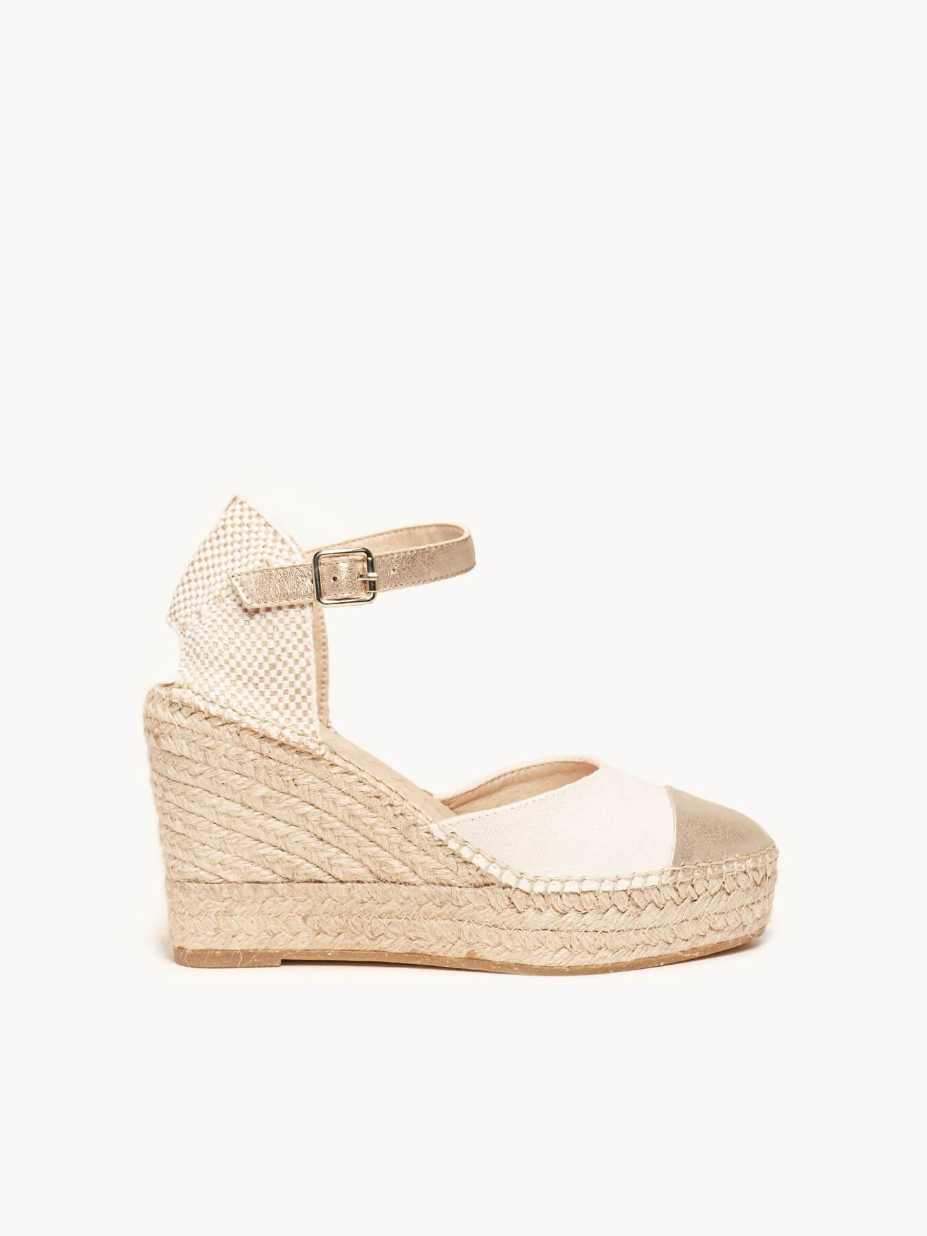 Sandália Anabela Alta Marga Napa Linho Dourada