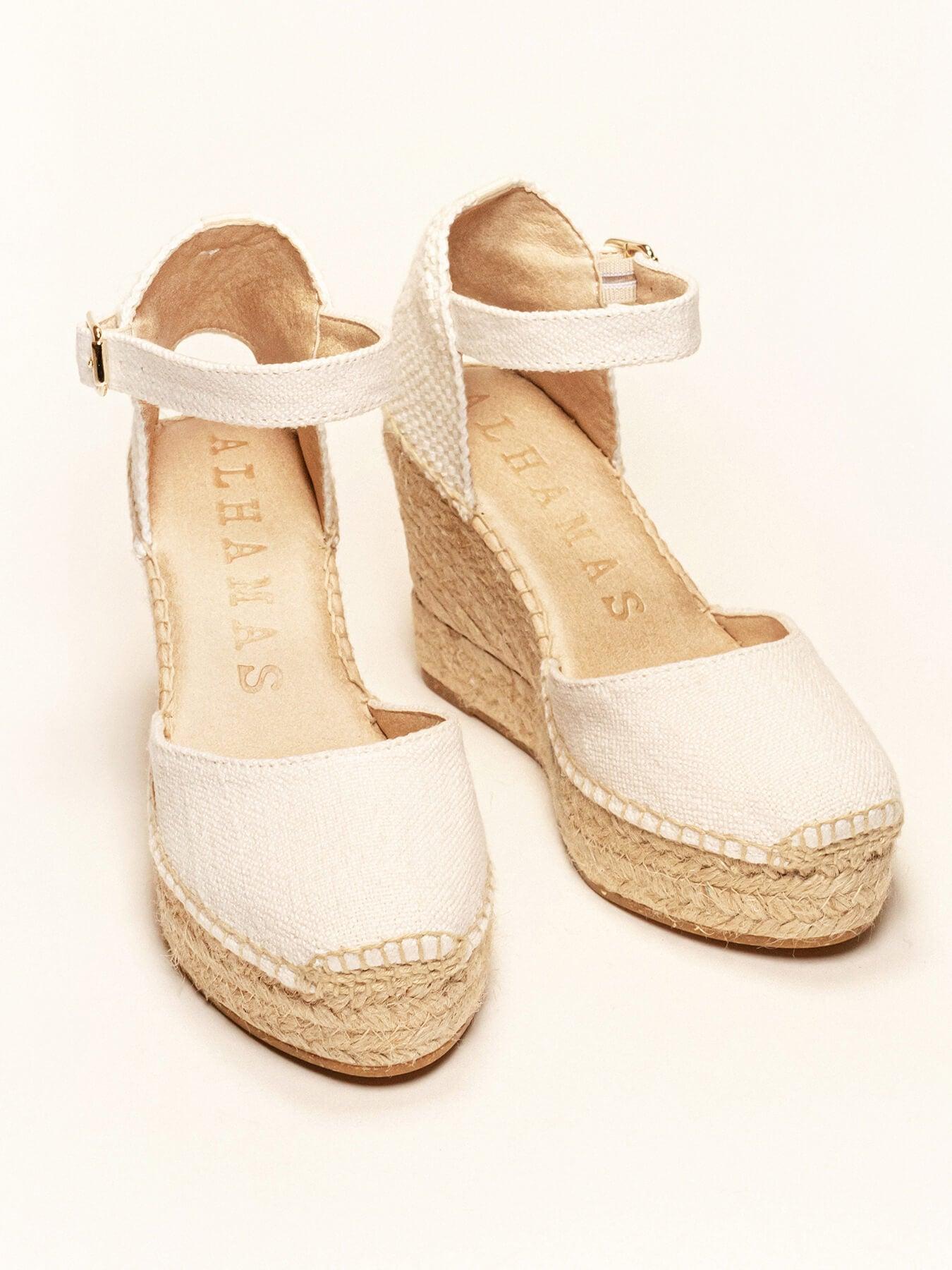 Sandália Anabela Alta Dalia Linho Branca