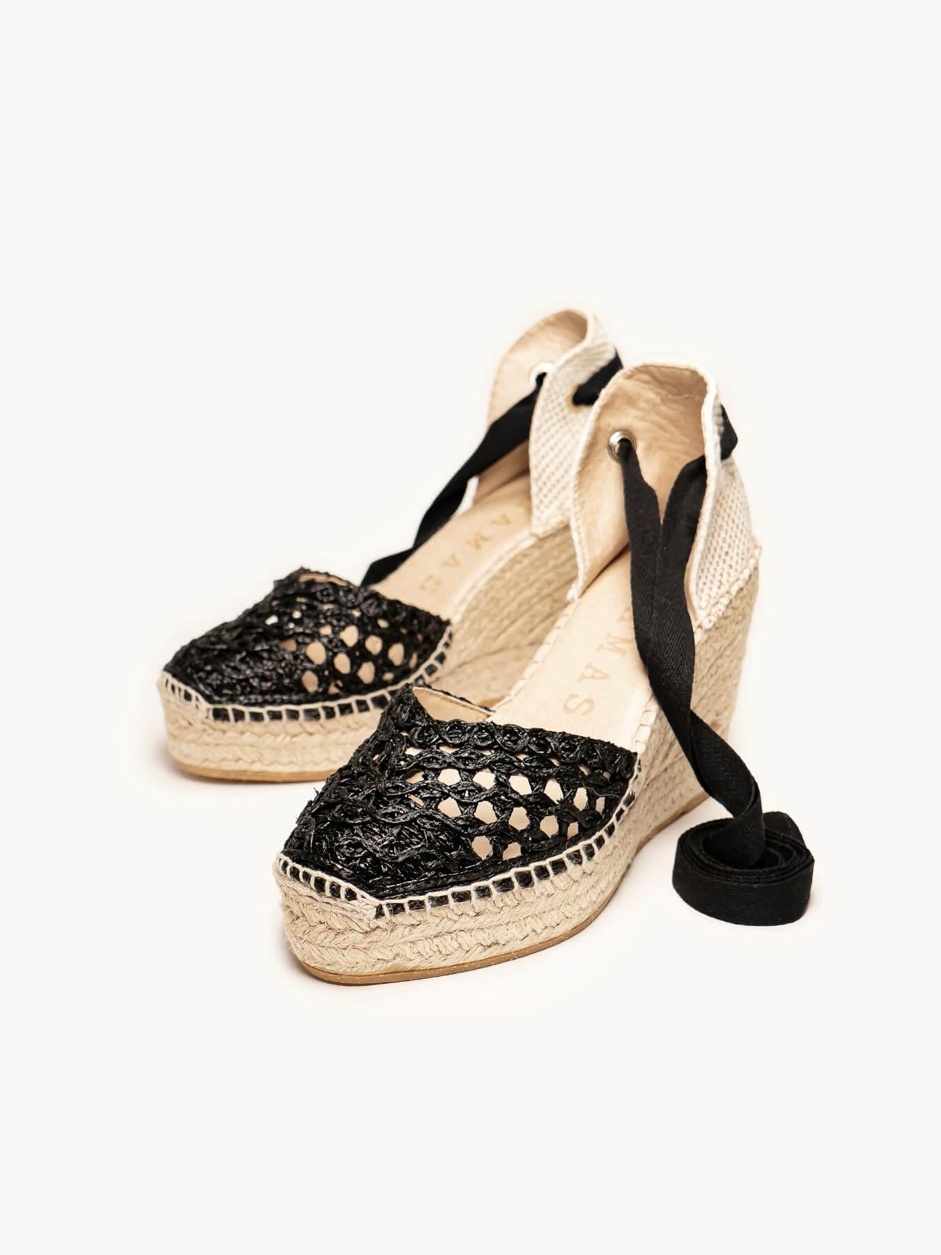 Sandália Romero Anabela 10 cm Ráfia Preto