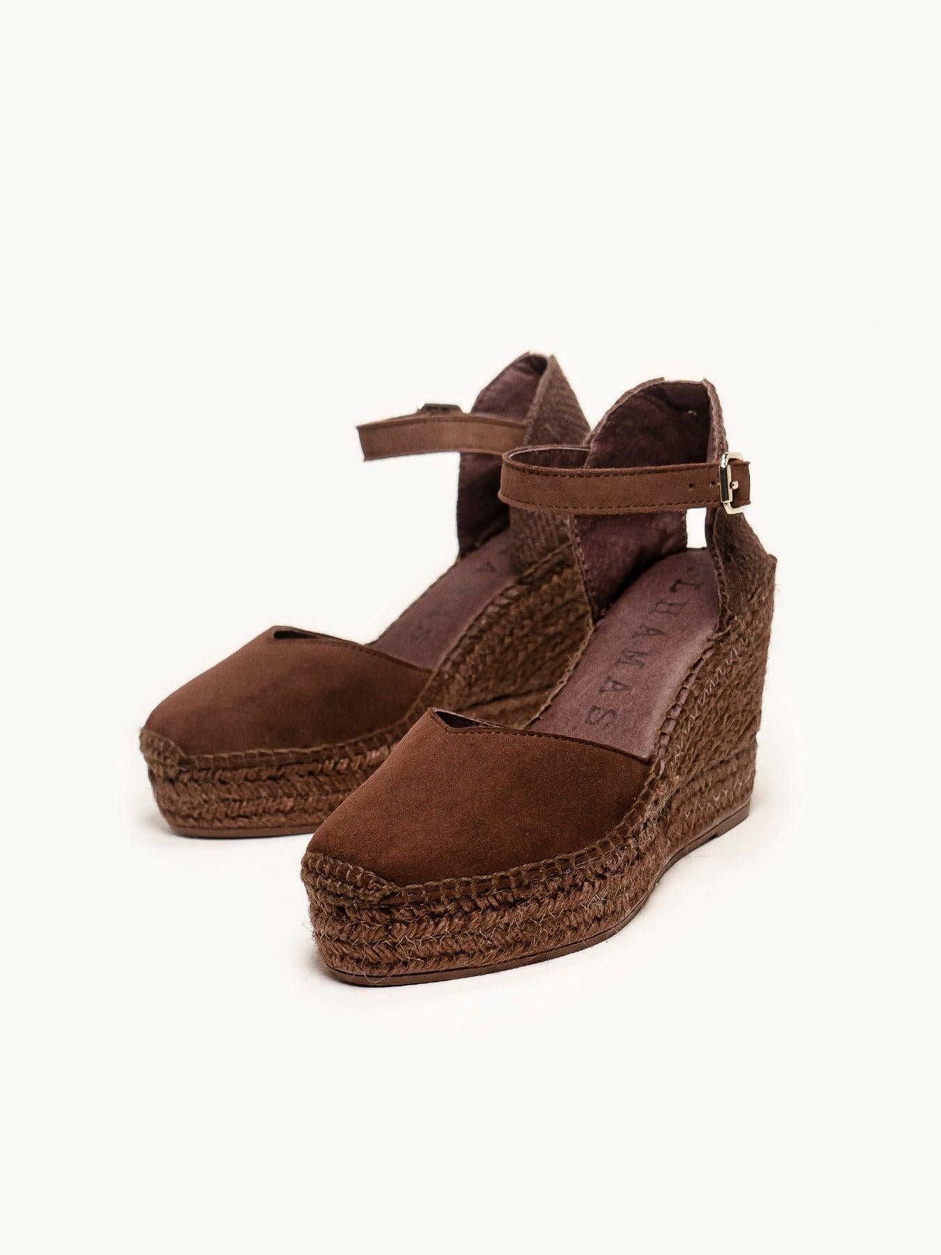 Sandália Jara Anabela 10 cm Camurça Marrom Escuro