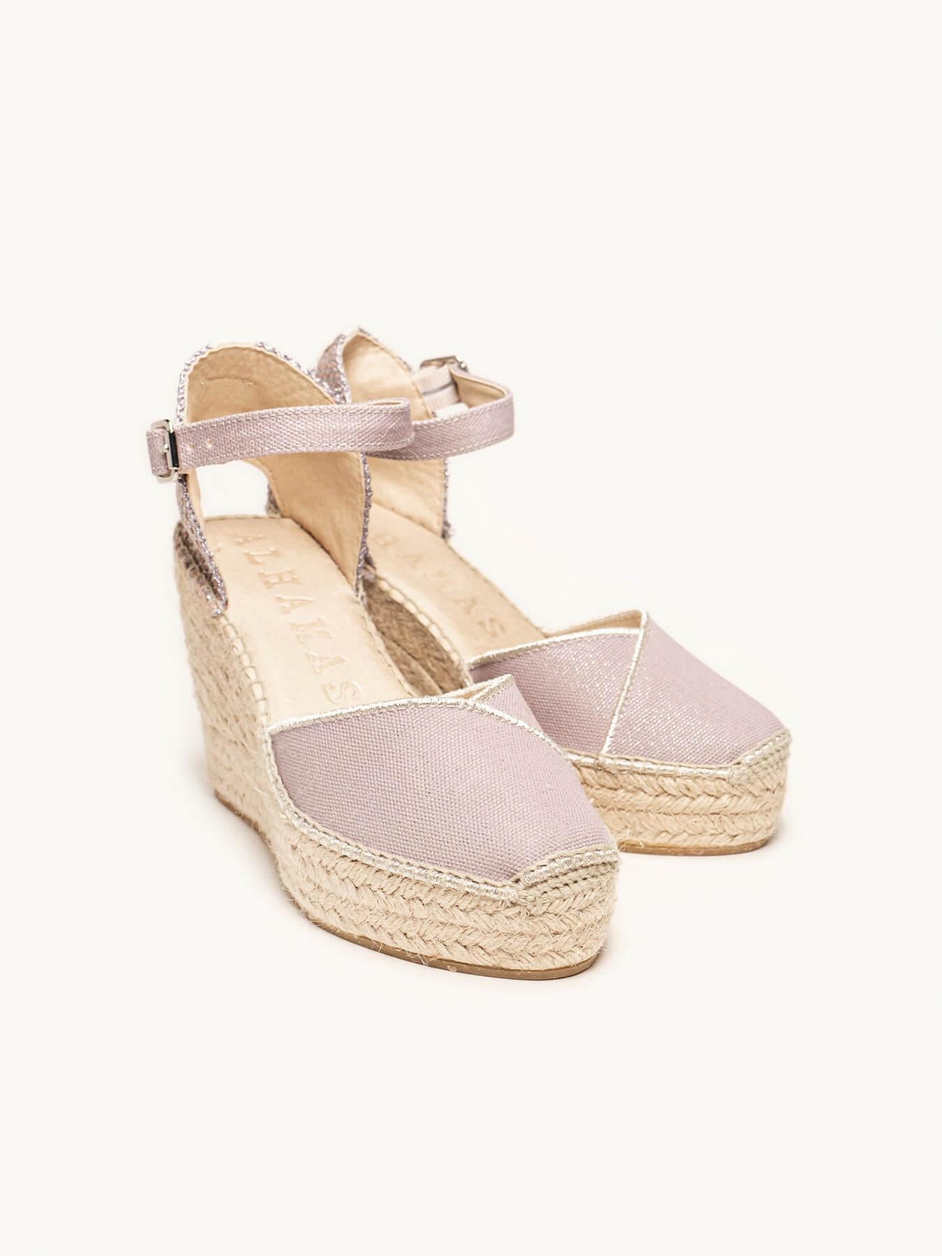 Sandália Anabela Alta Jara Lona Metal Lilás