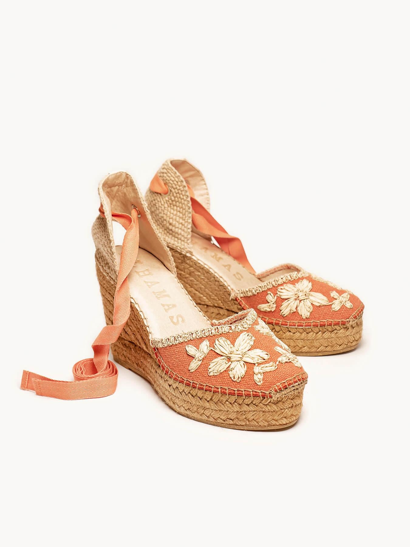 Sandália Romero Anabela 10 cm Bordado Laranja