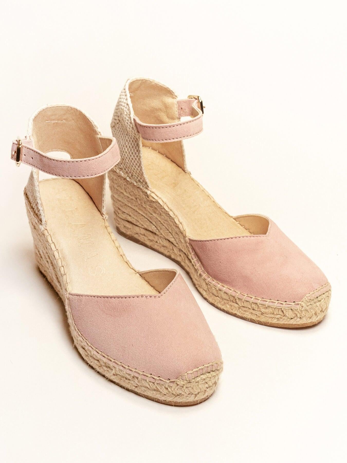 Sandália Anabela Média Jara Camurça Rosa Clara