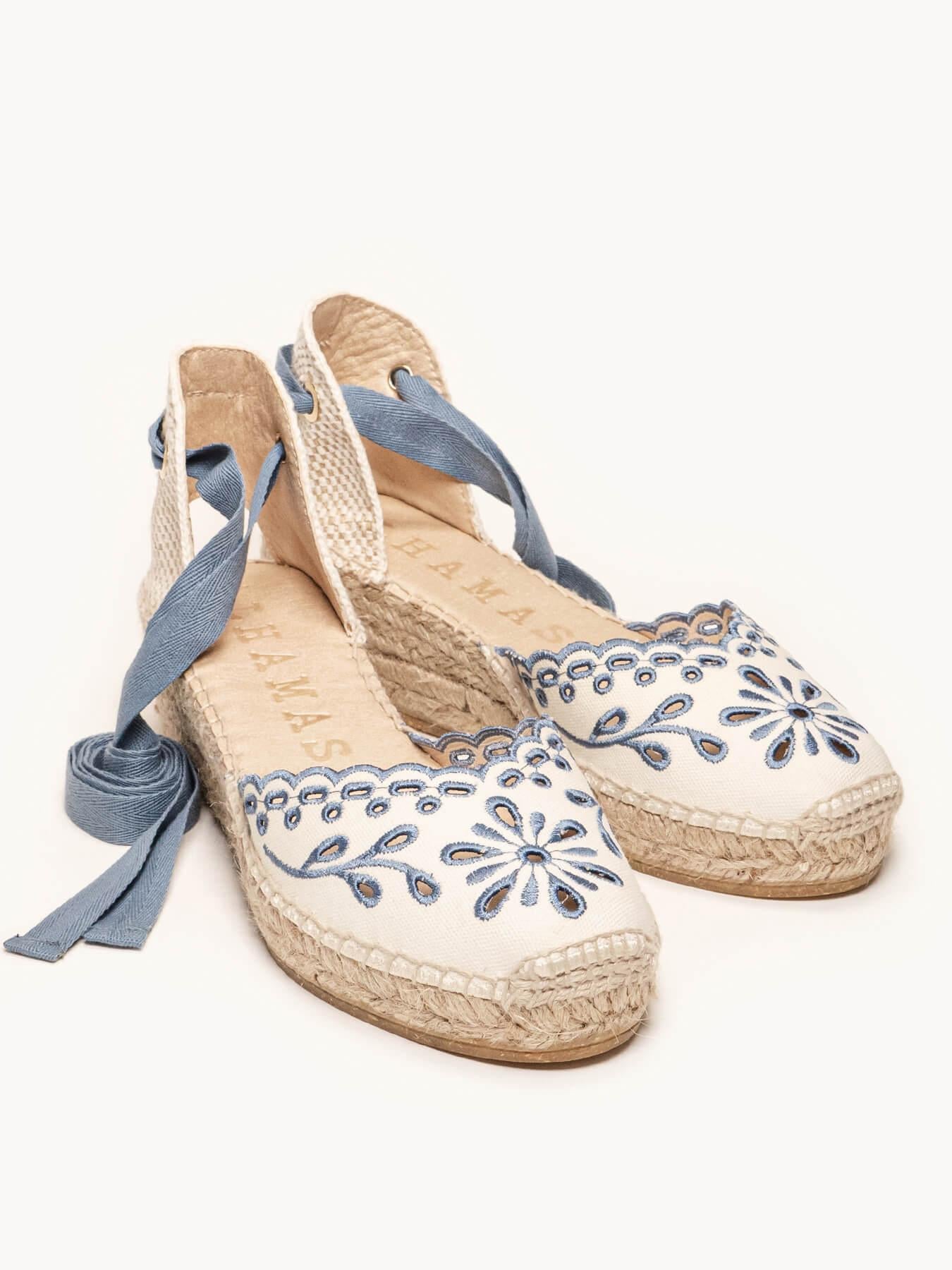 Sandália Anabela Média Romero Lona Bordada Azul Jeans