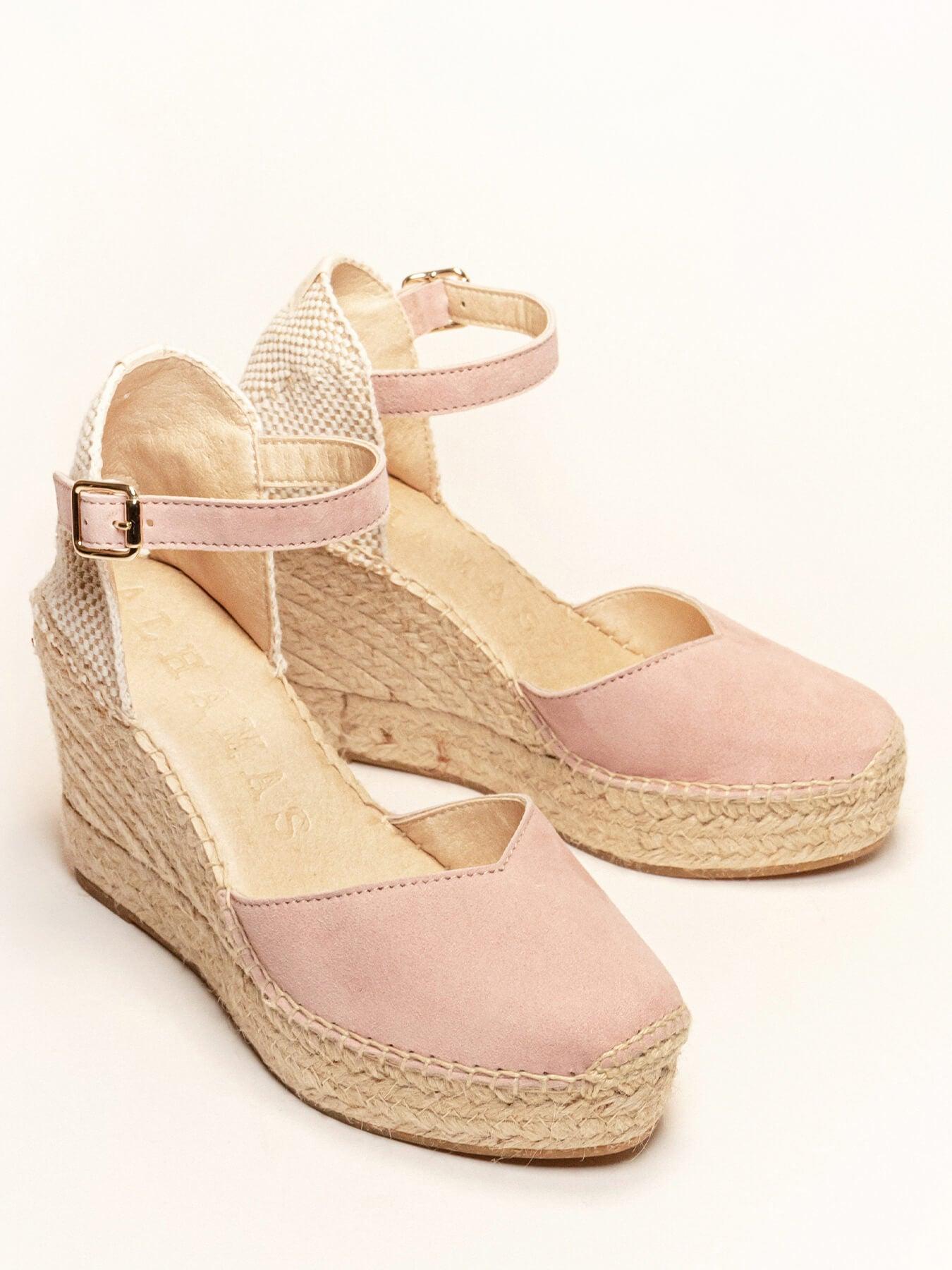 Sandália Anabela Alta Jara Camurça Rosa Clara