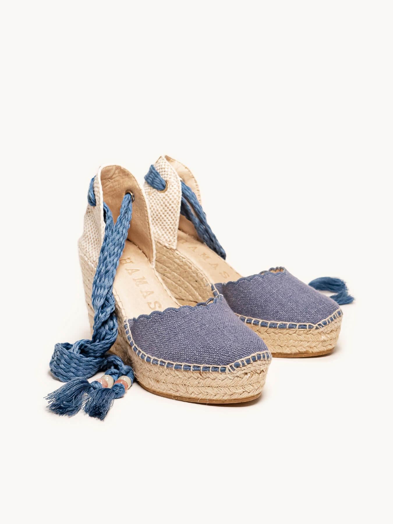 Sandália Romero Anabela 10 cm Linho Azul Jeans