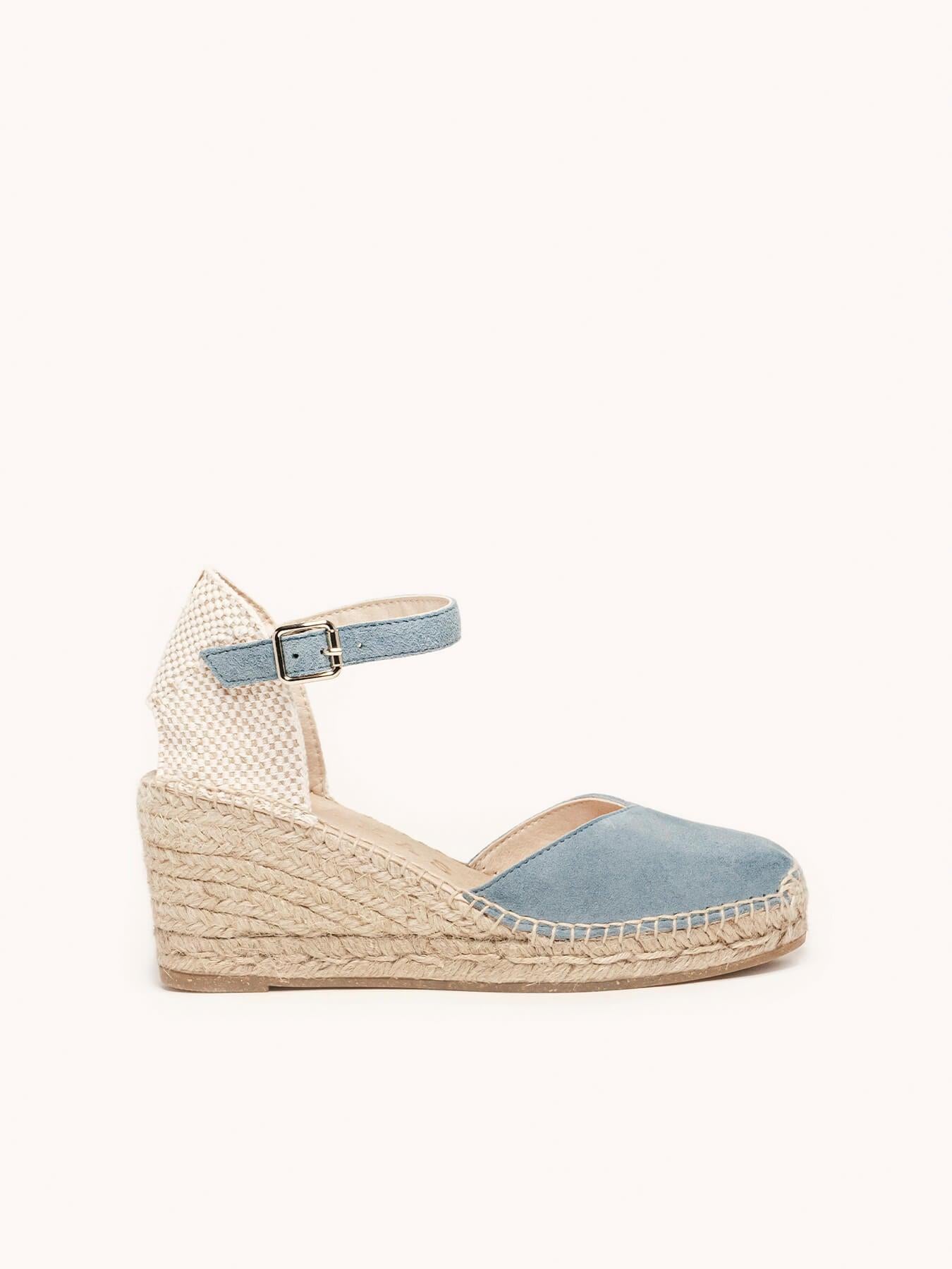 Sandália Jara Anabela 7 cm Camurça Azul Jeans