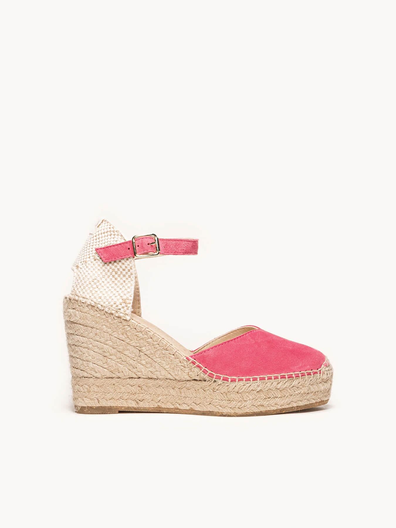 Sandália Anabela Alta Jara Camurça Fúcsia