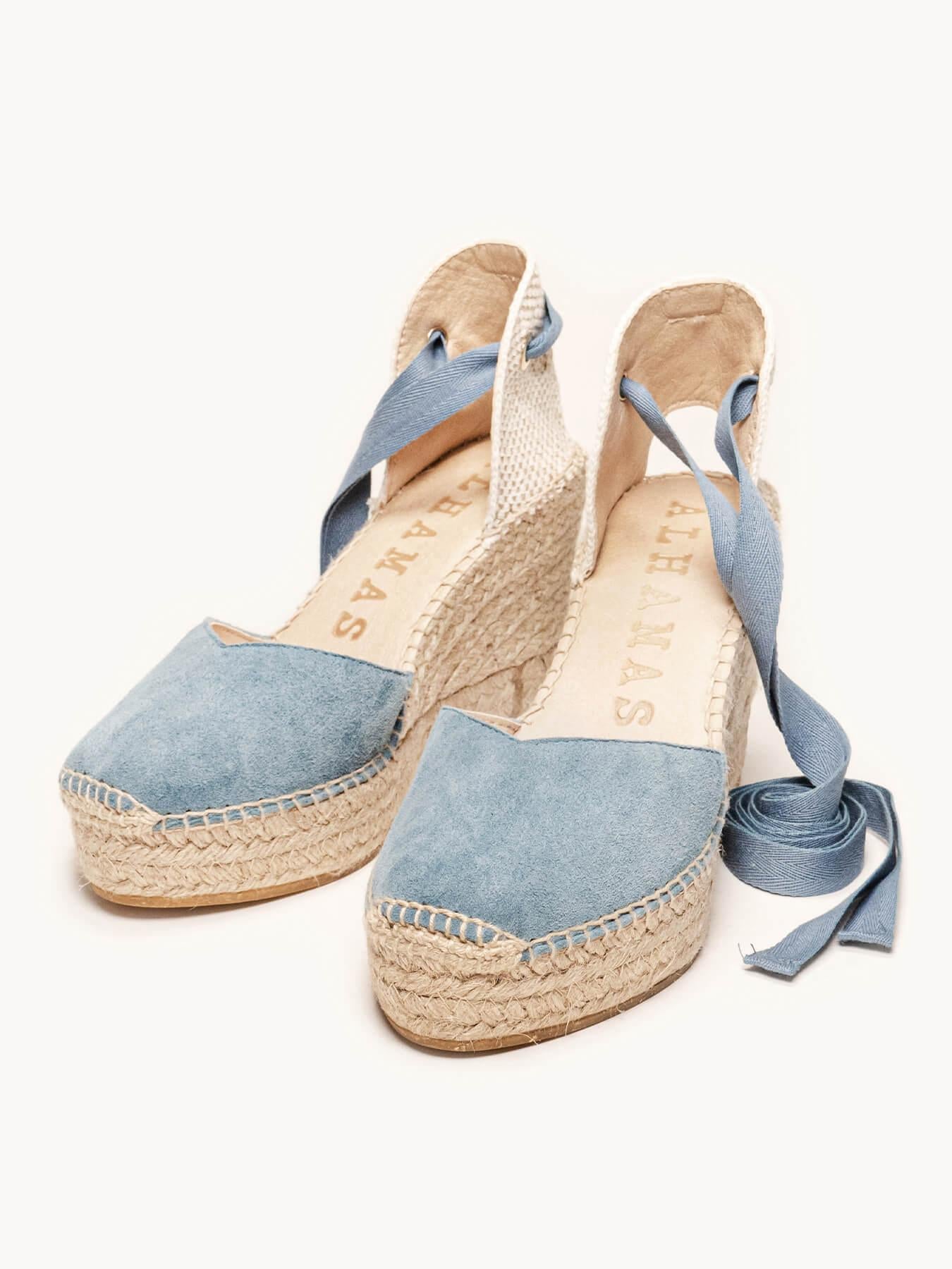 Sandália Romero Anabela 10 cm Camurça Azul Jeans