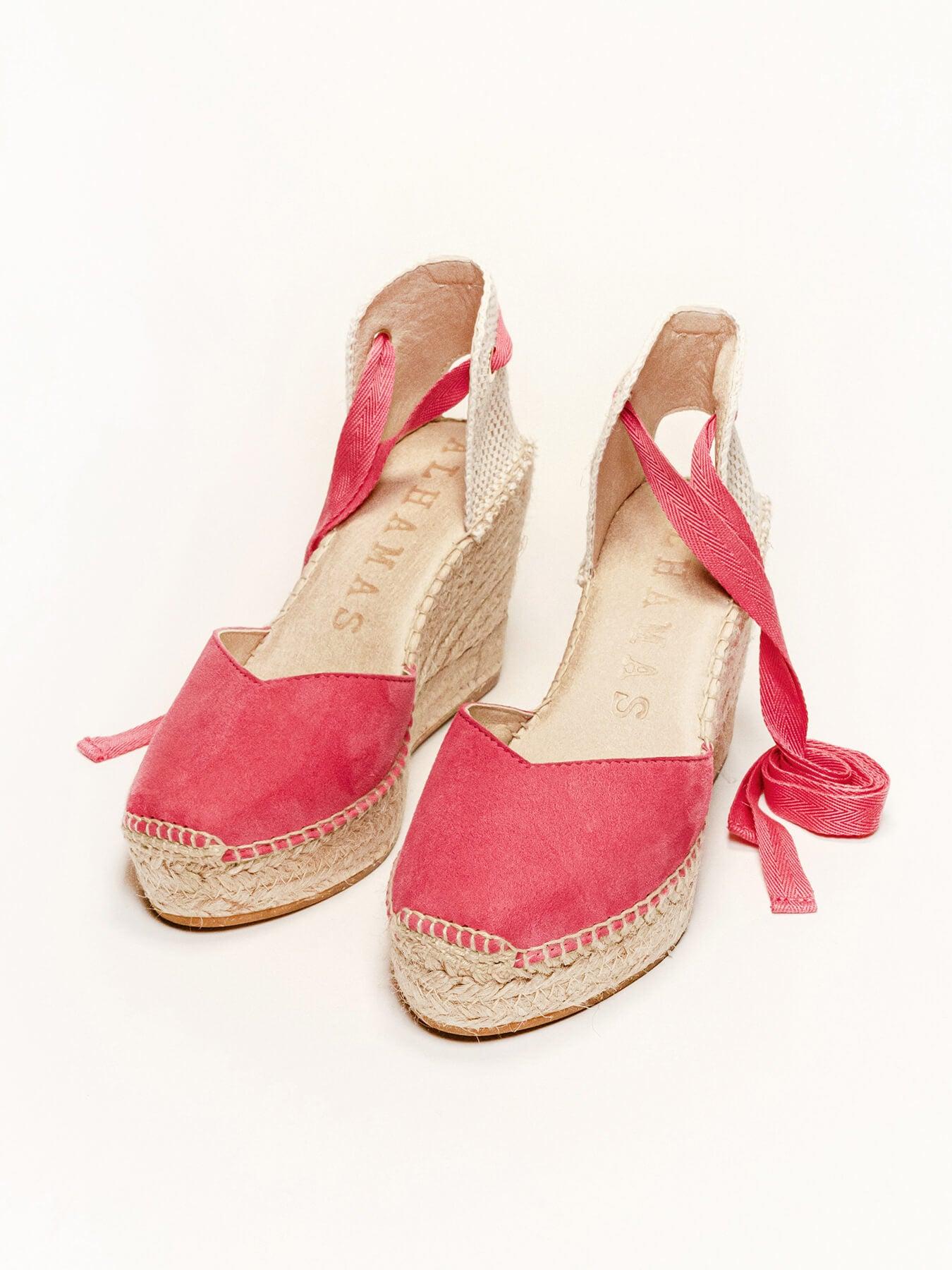 Sandália Anabela Alta Romero Camurça Fúcsia