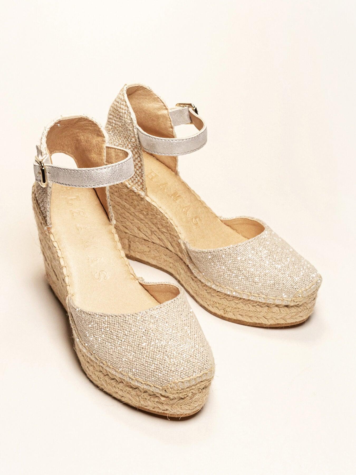 Sandália Anabela Alta Dalia Linho Metalizado Prata