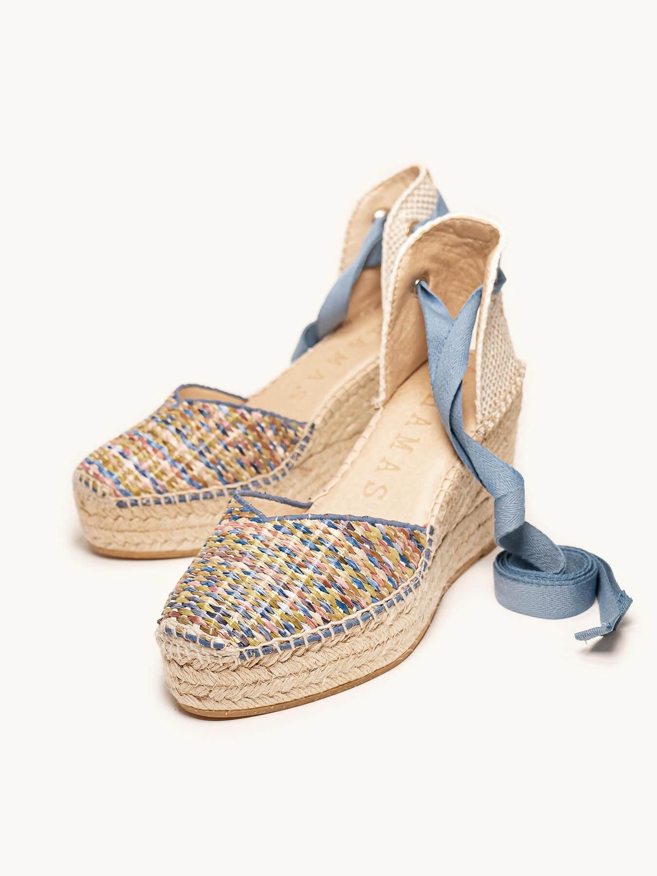 Sandália Romero Anabela 8 cm Ráfia Azul