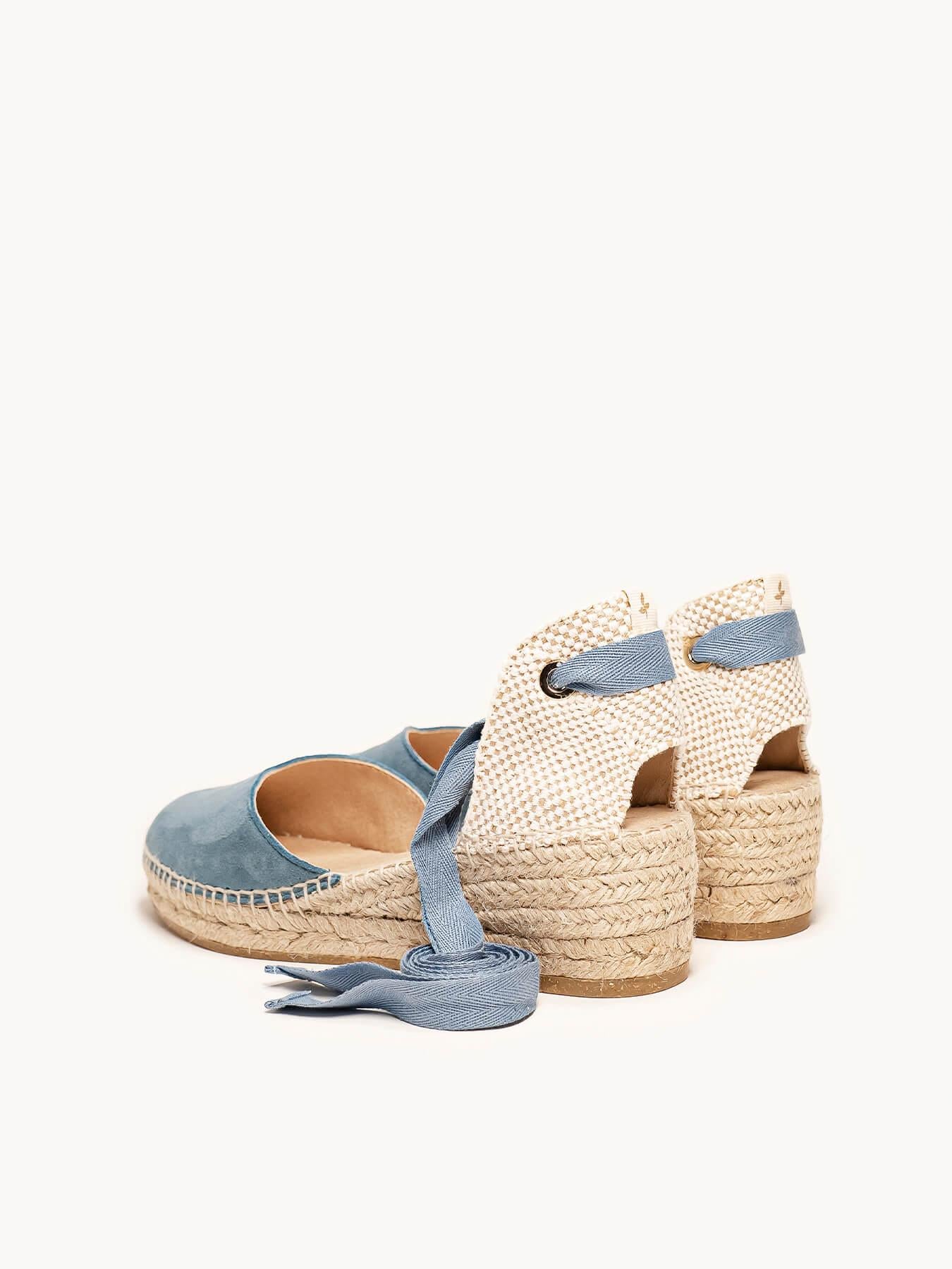 Sandália Romero Anabela 5 cm Camurça Azul Jeans