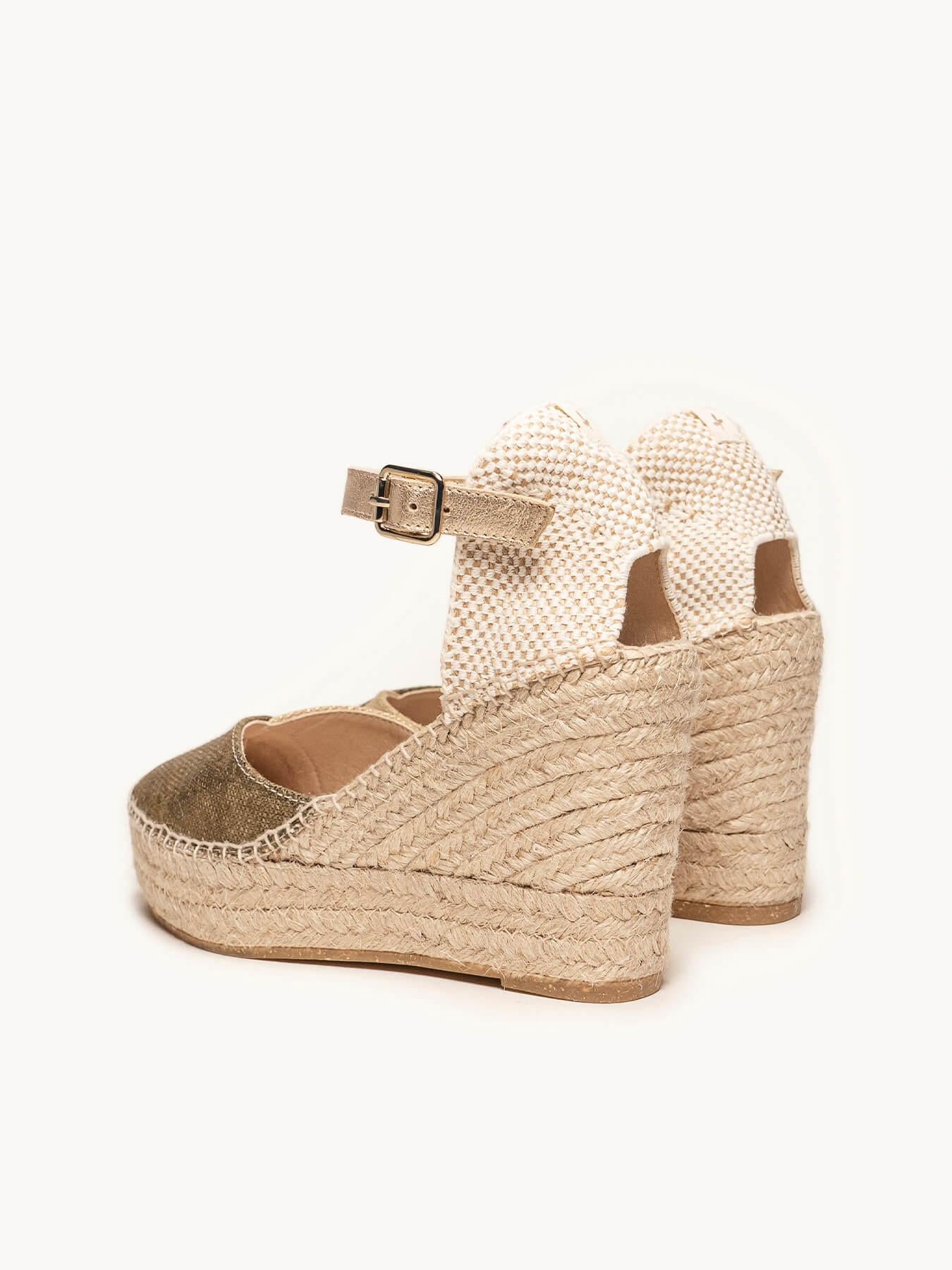 Sandália Anabela Alta Jara Linho Metalizado Verde Caqui