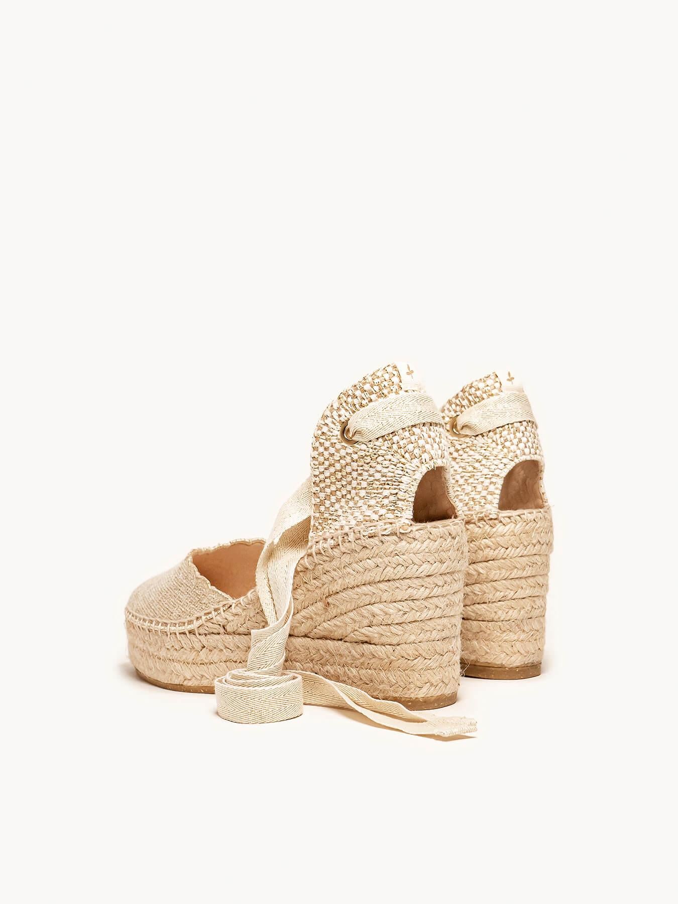 Sandália Romero Anabela 8 cm Linho Dourado