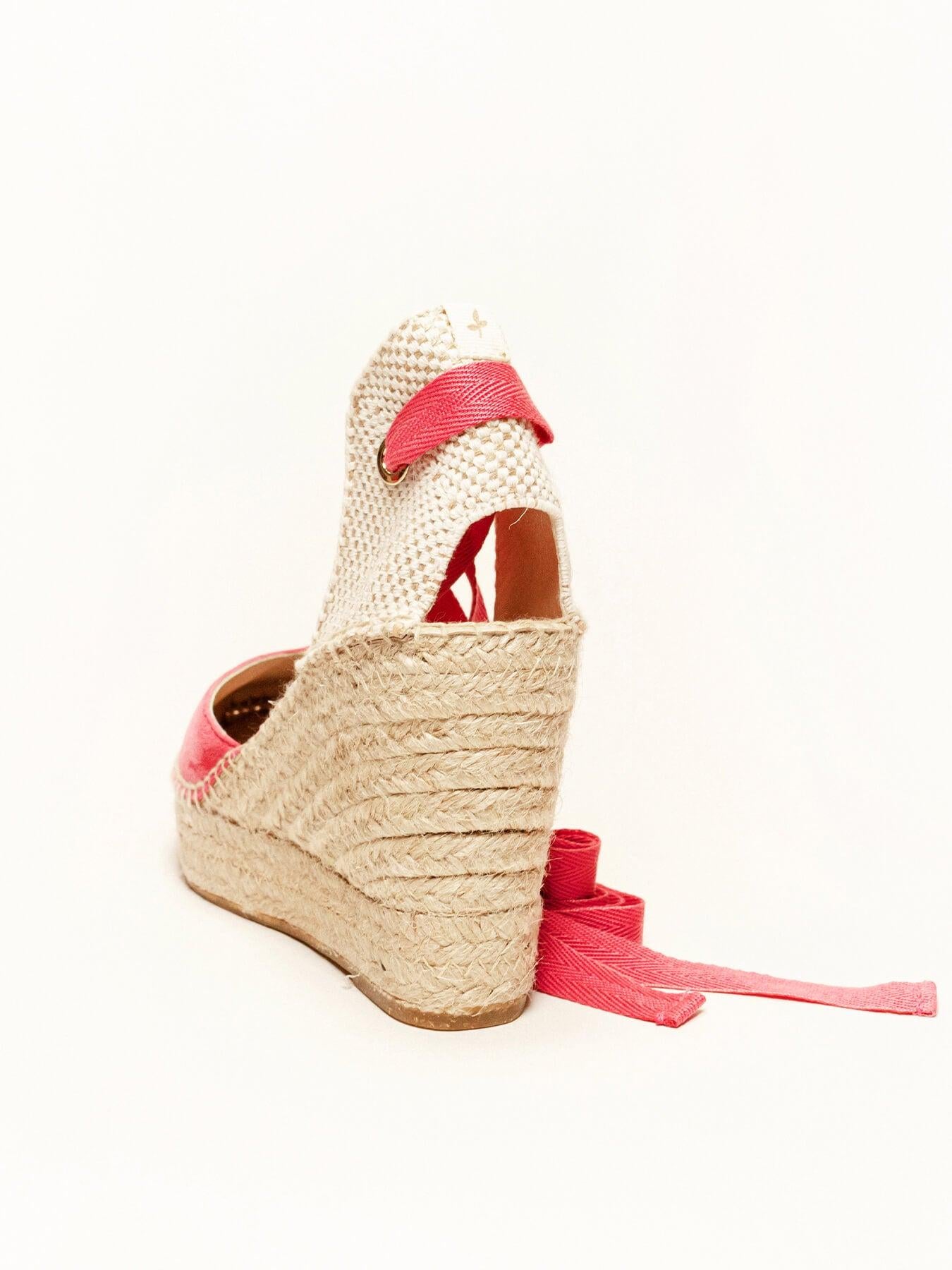 Sandália Anabela Alta Romero Camurça Fúcsia