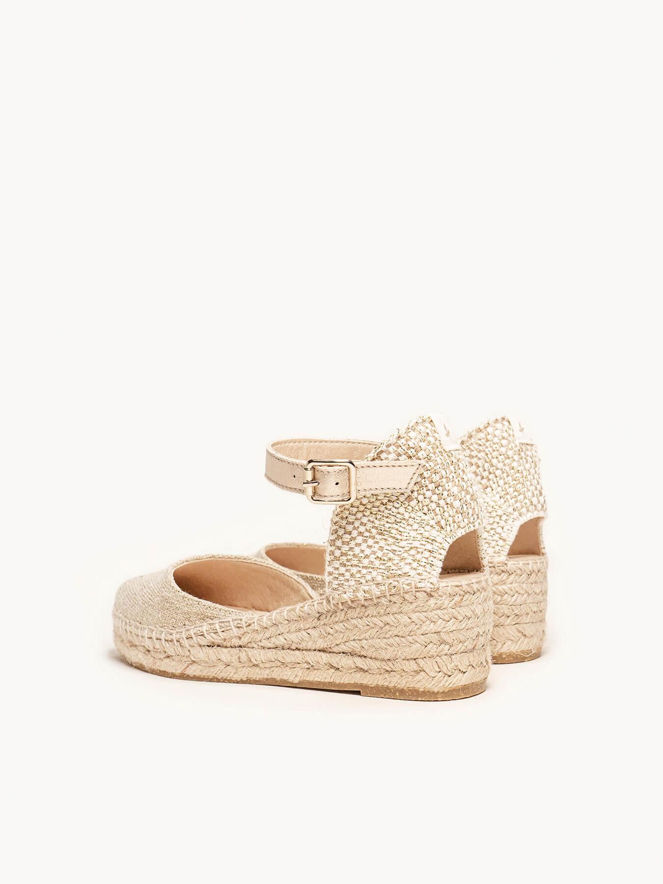 Sandália Dalia Anabela 5 cm Linho Metal Dourado