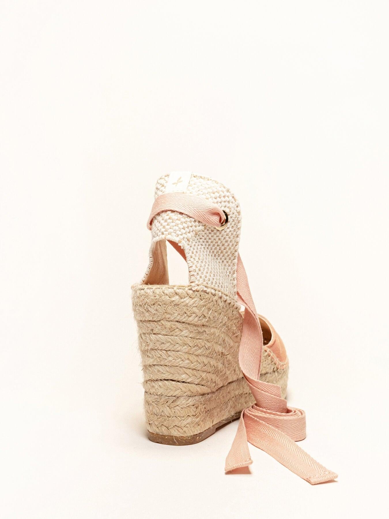 Sandália Romero Anabela 10 cm Camurça Laranja Claro
