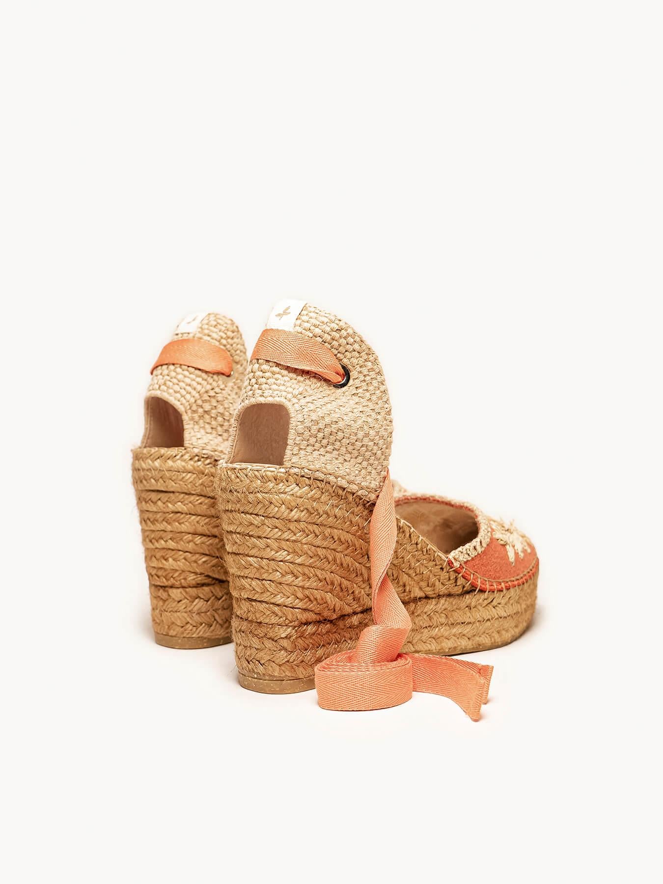 Sandália Romero Anabela 10 cm Bordado Laranja