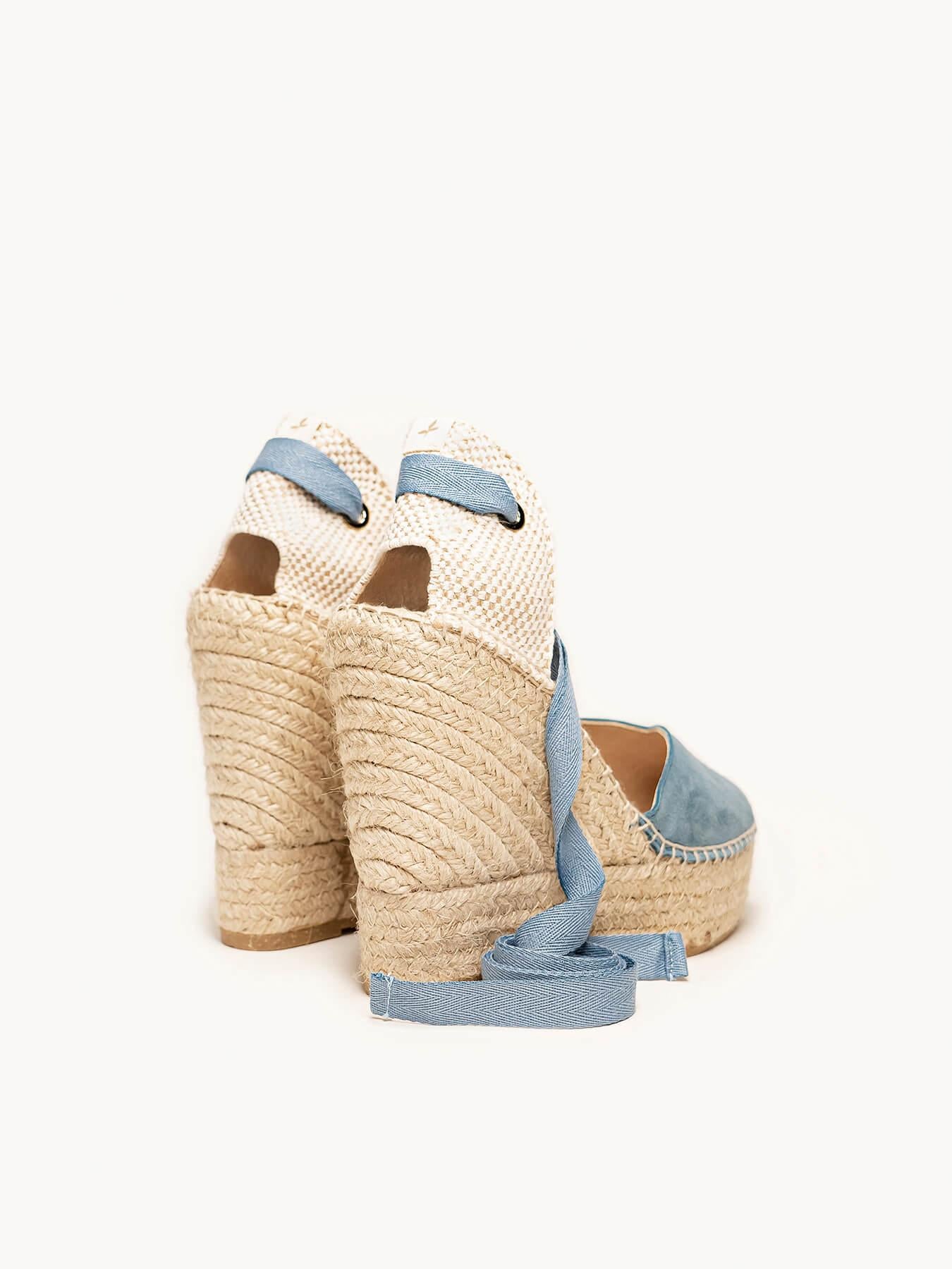 Sandália Romero Anabela 12 cm Camurça Azul Jeans