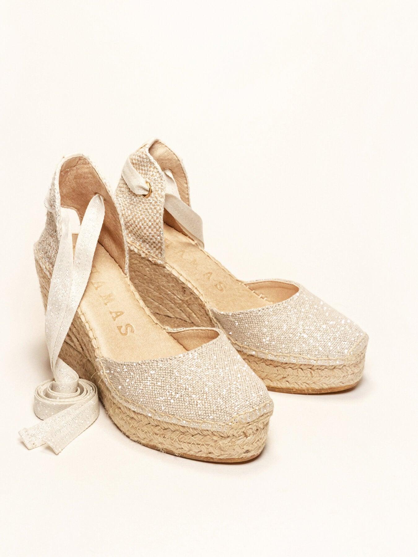 Sandália Anabela Alta Cala Linho Metal Prata