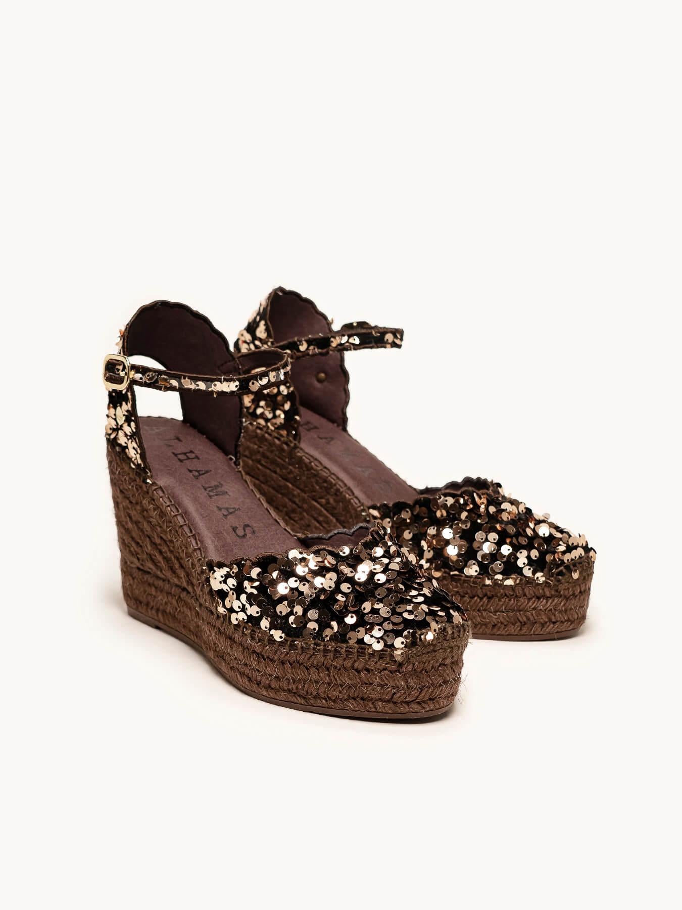 Sandália Jara Anabela 10 cm Paetês Marrom