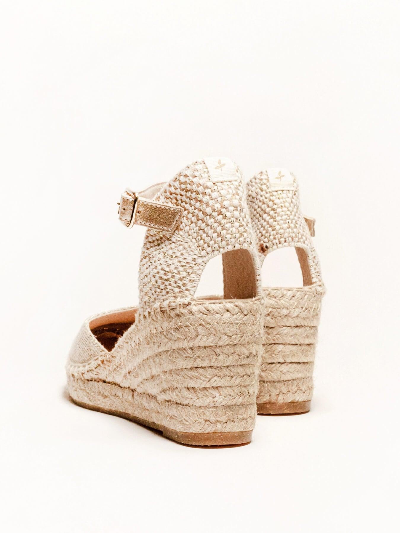 Sandália Anabela Média Dalia Linho Dourado Metalizado