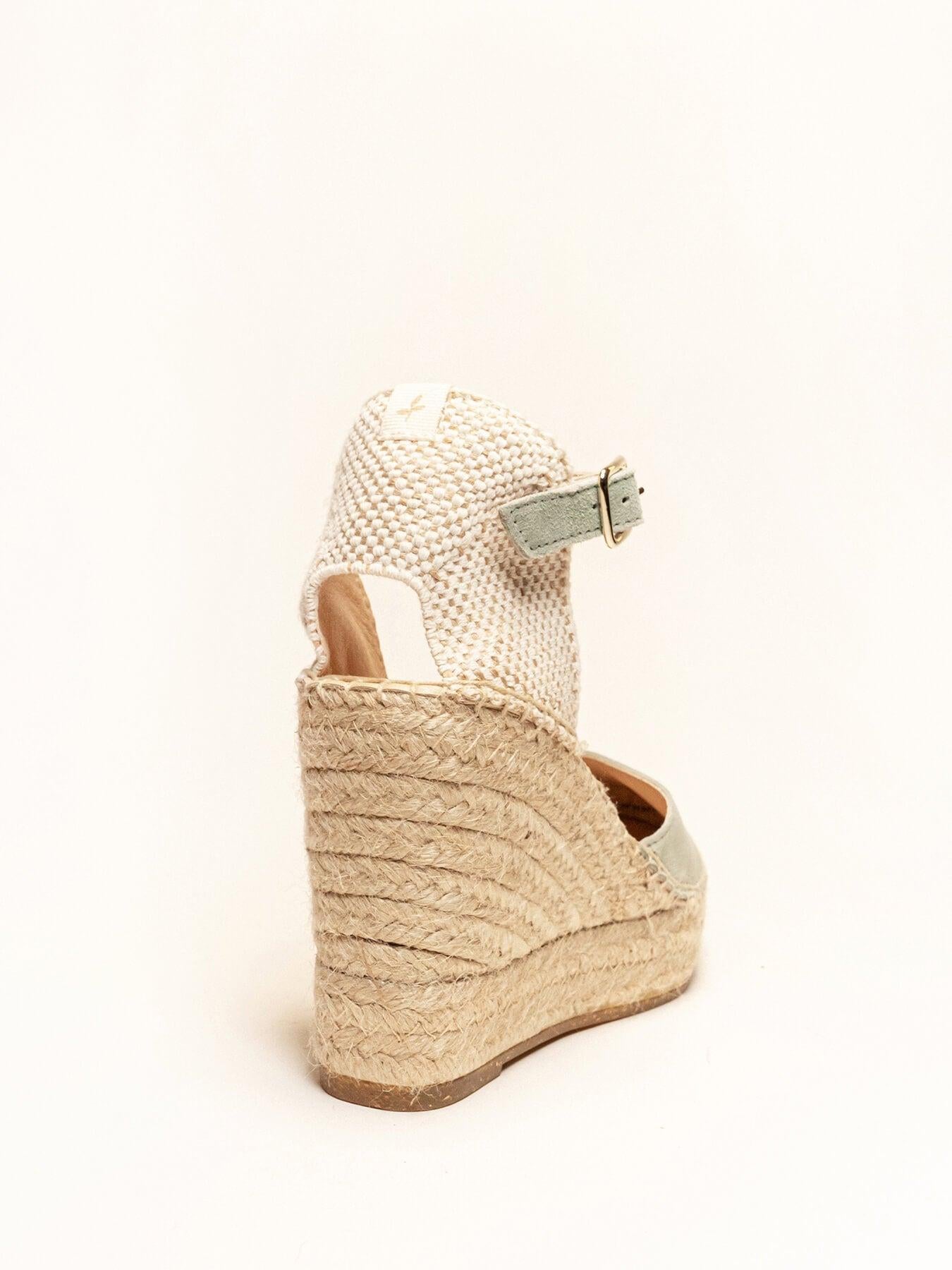 Sandália Anabela Alta Jara Camurça Verde Claro