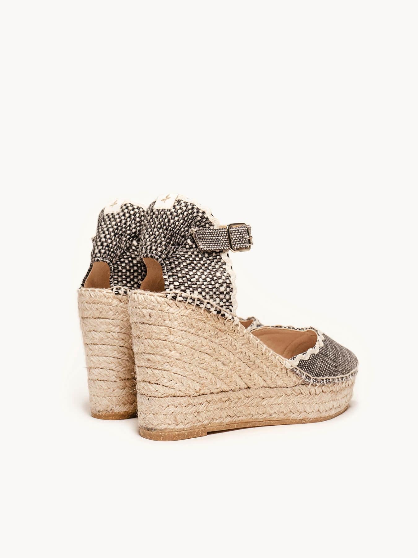 Sandália Anabela Alta Jara Linho Mesclado Preto