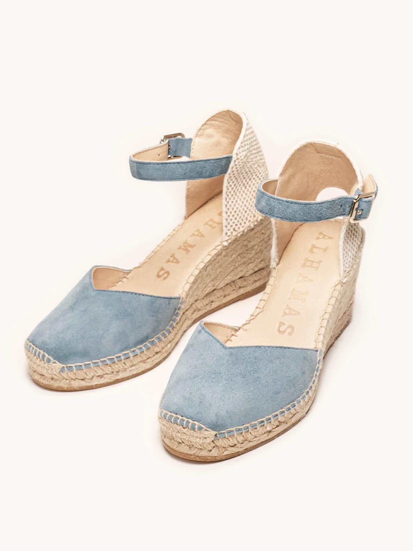 Sandália Jara Anabela 7 cm Camurça Azul Jeans