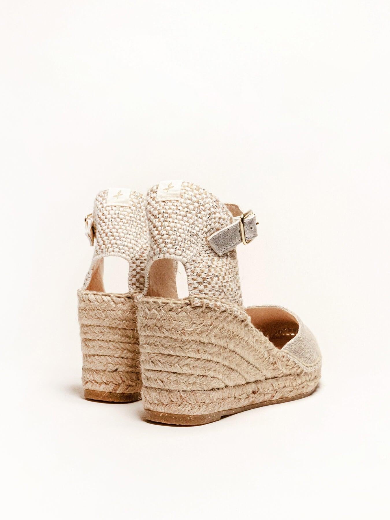 Sandália Anabela Média Dalia Linho Metalizado Prata