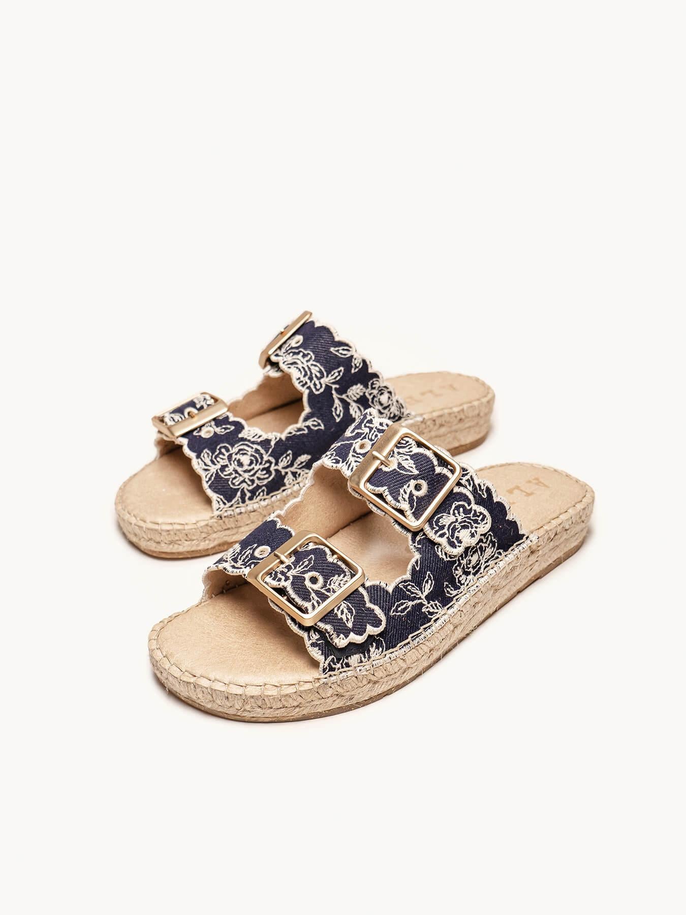 Sandália Papete Girasol Jeans Bordada Azul Marinho