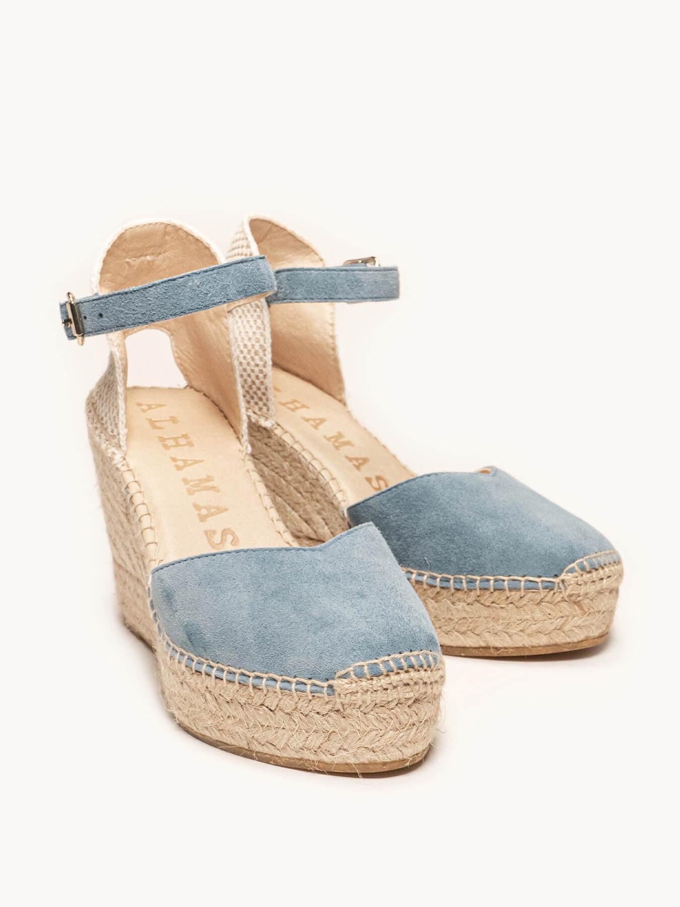 Sandália Anabela Alta Jara Camurça Azul Jeans