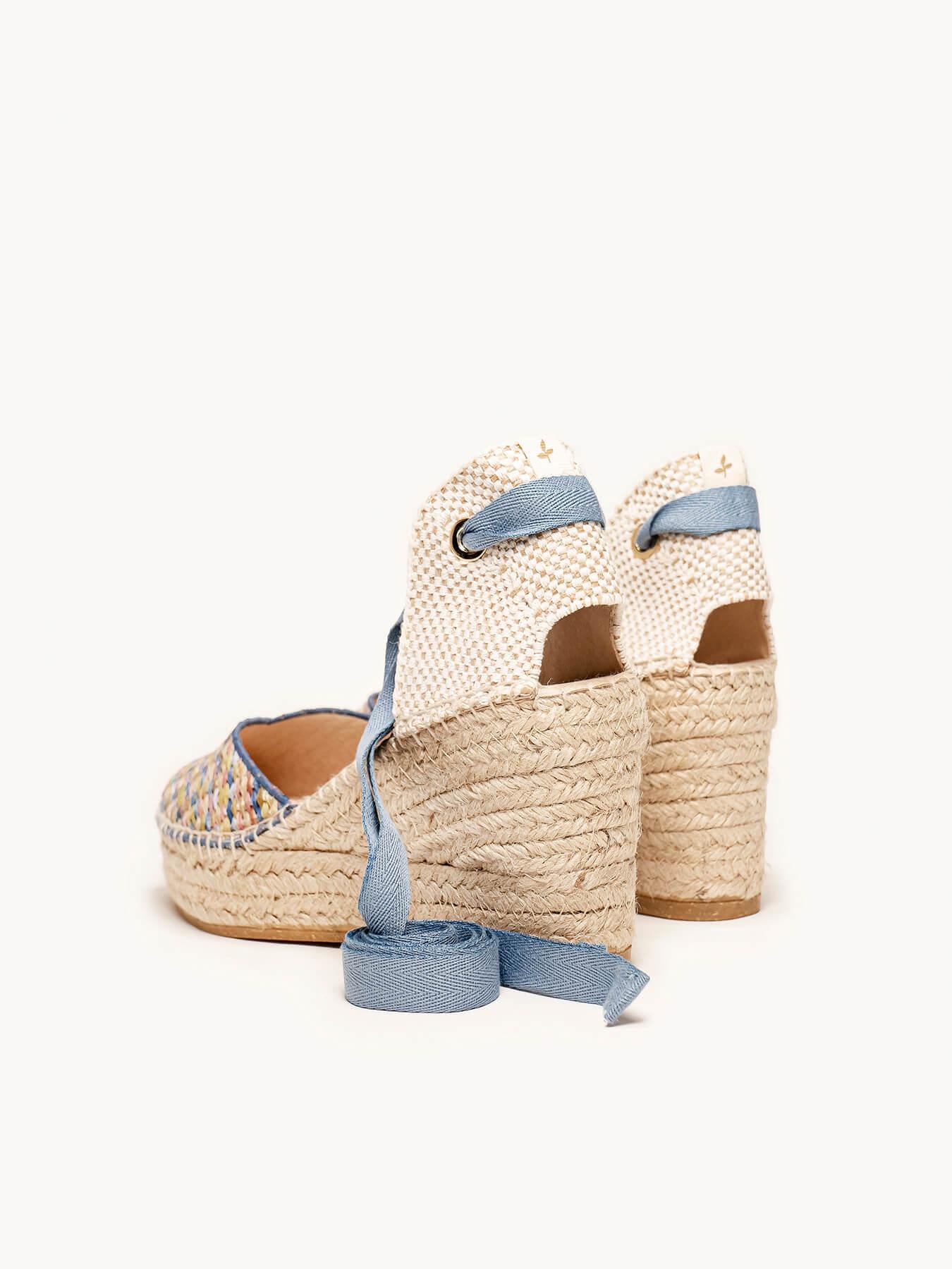 Sandália Romero Anabela 8 cm Ráfia Azul