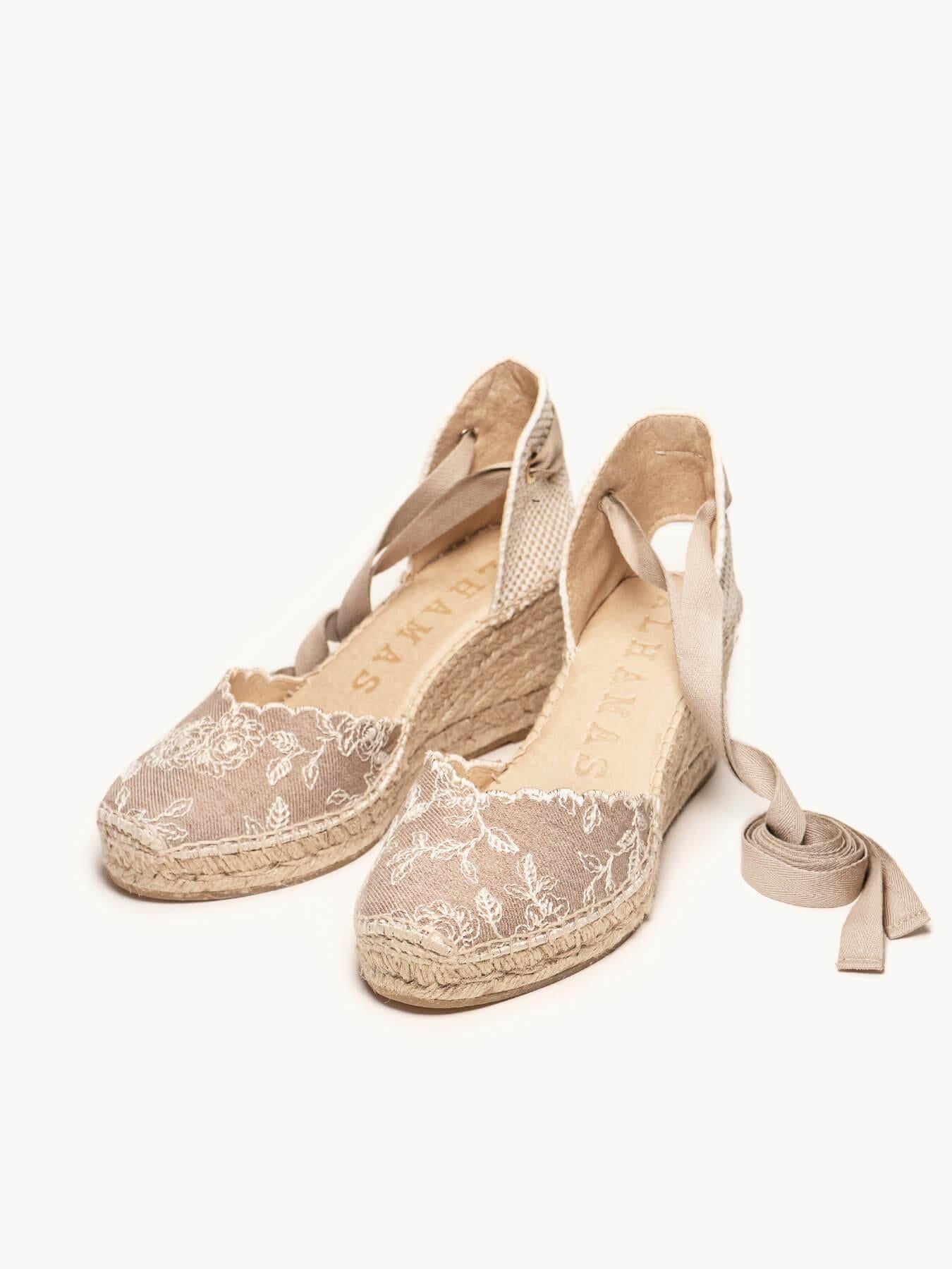 Sandália Anabela Média Romero Jeans Bordado Pedra