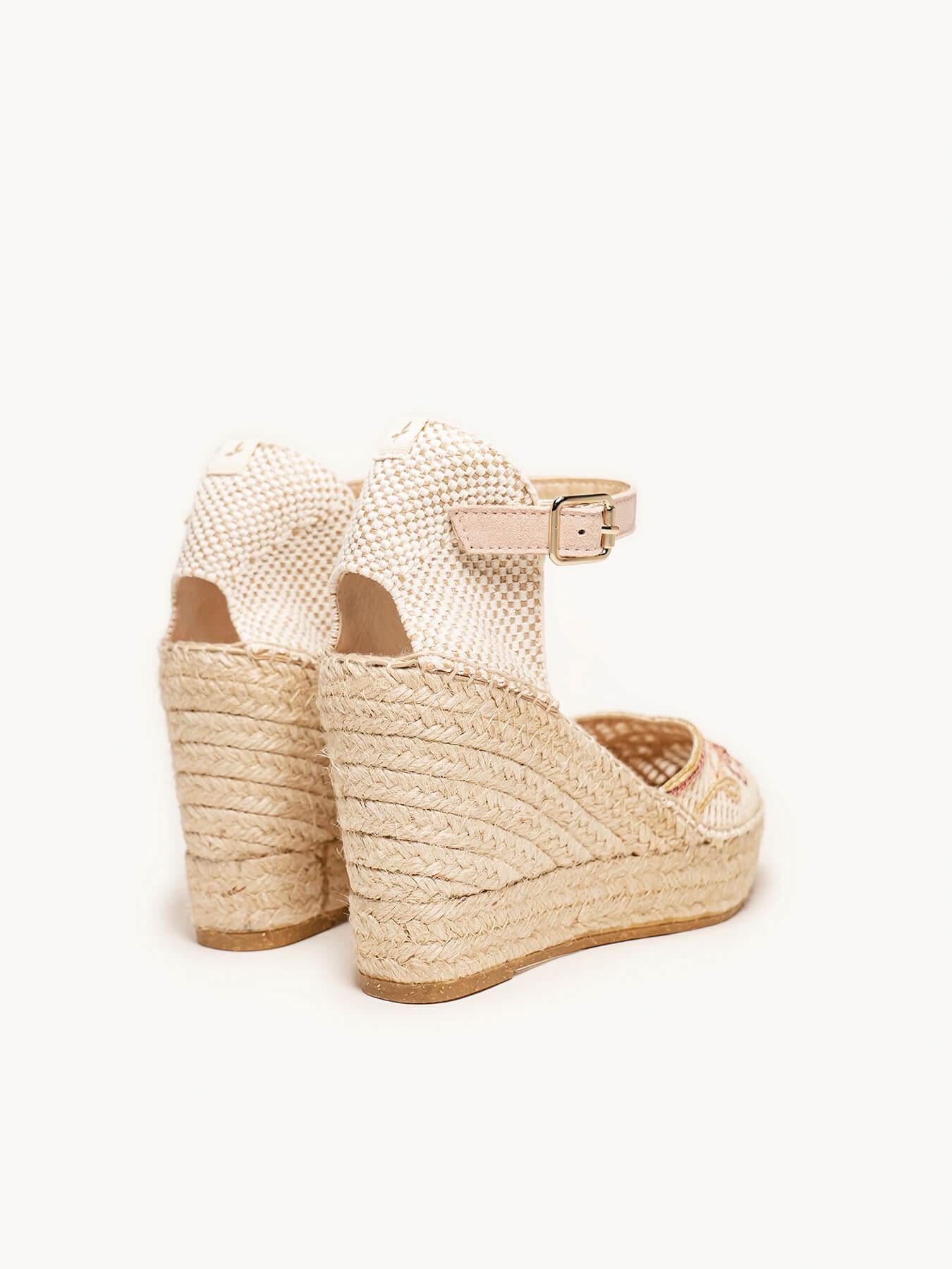 Sandália Jara Anabela 10 cm Bordado Rosa Claro