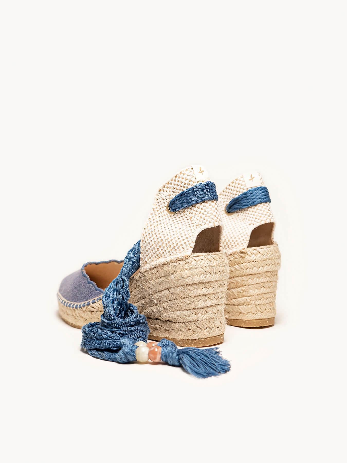 Sandália Romero Anabela 7 cm Linho Azul Jeans