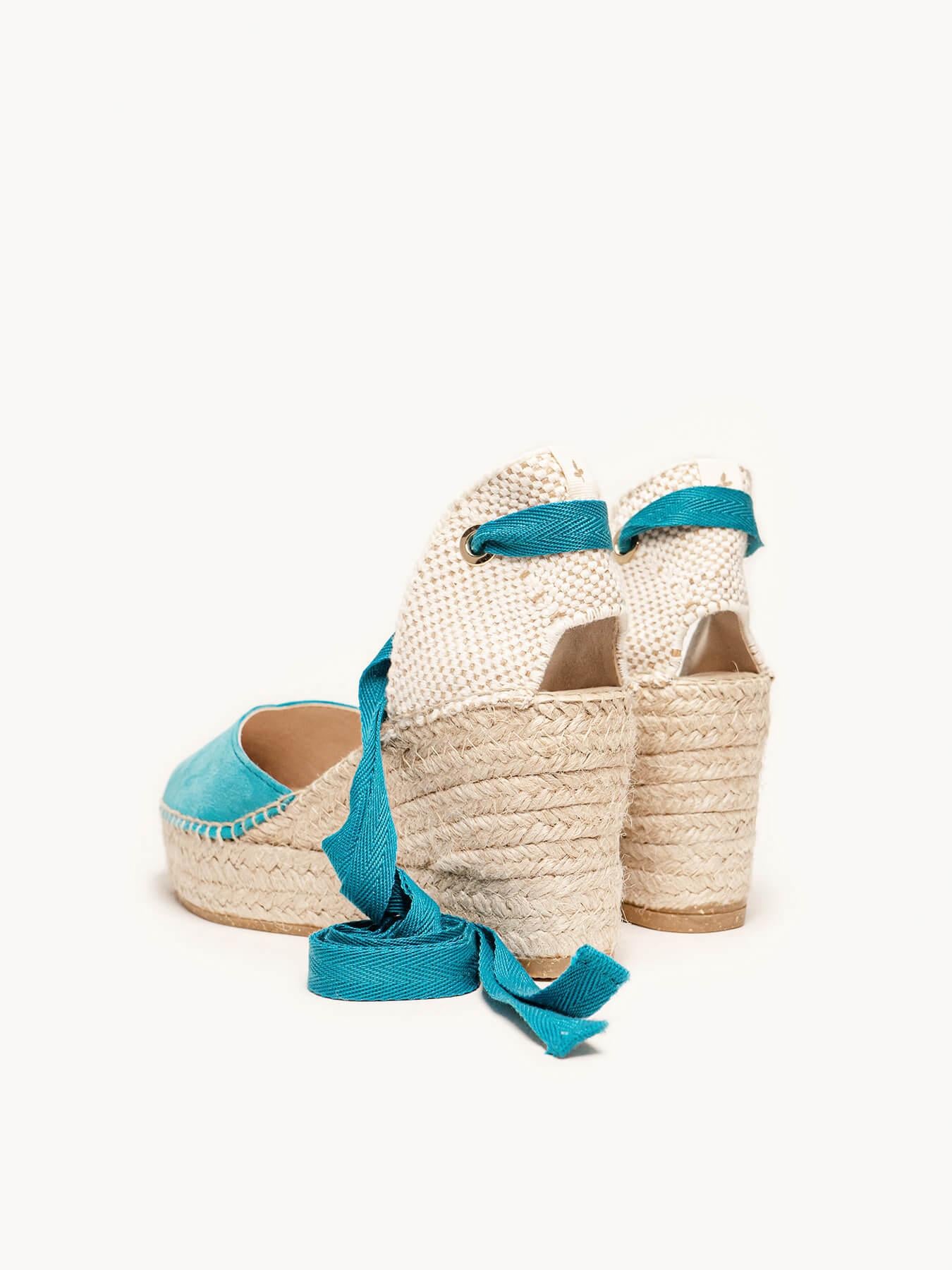 Sandália Romero Anabela 8 cm Camurça Azul Turquesa