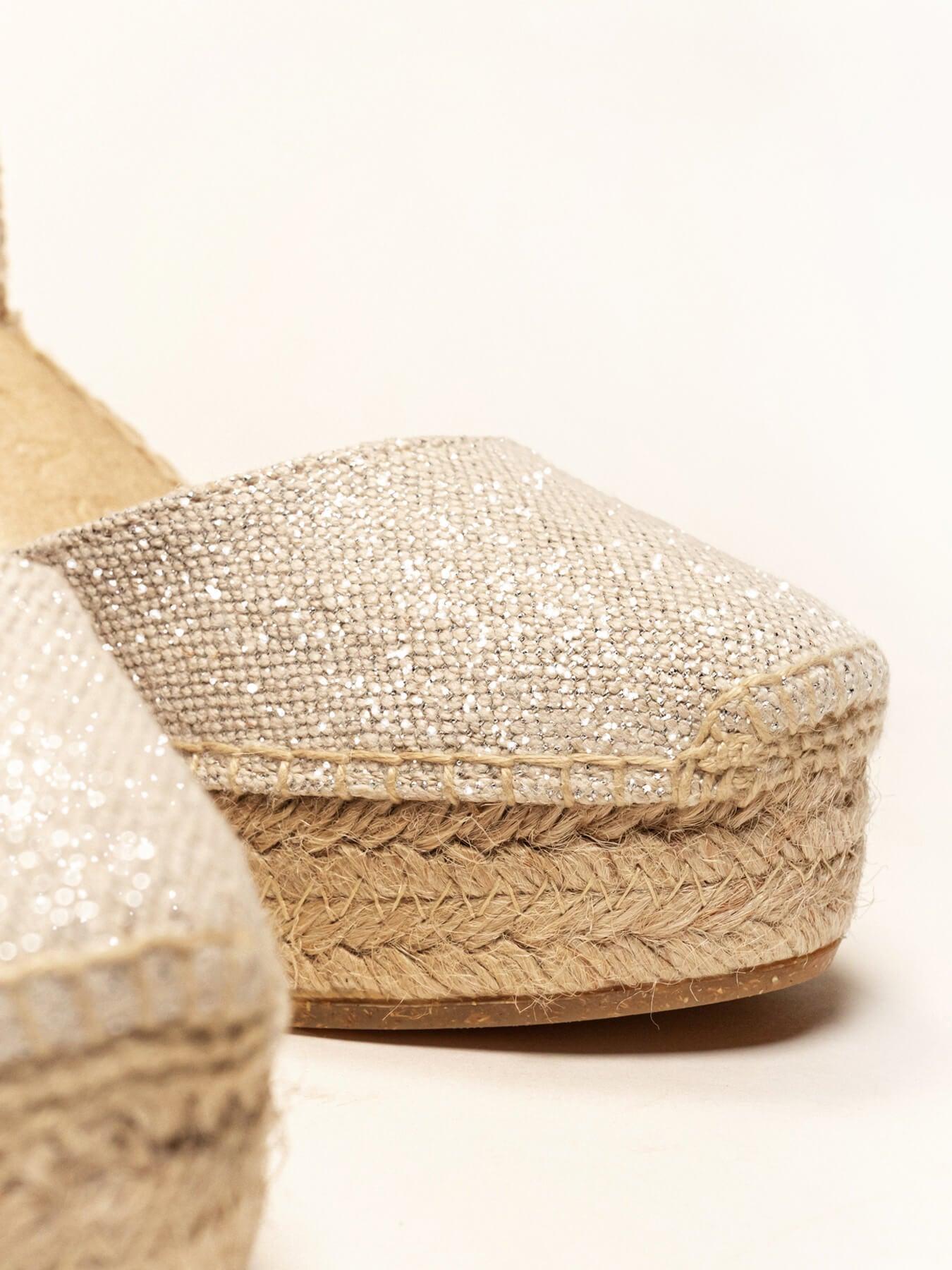 Sandália Anabela Alta Dalia Linho Metalizado Prata