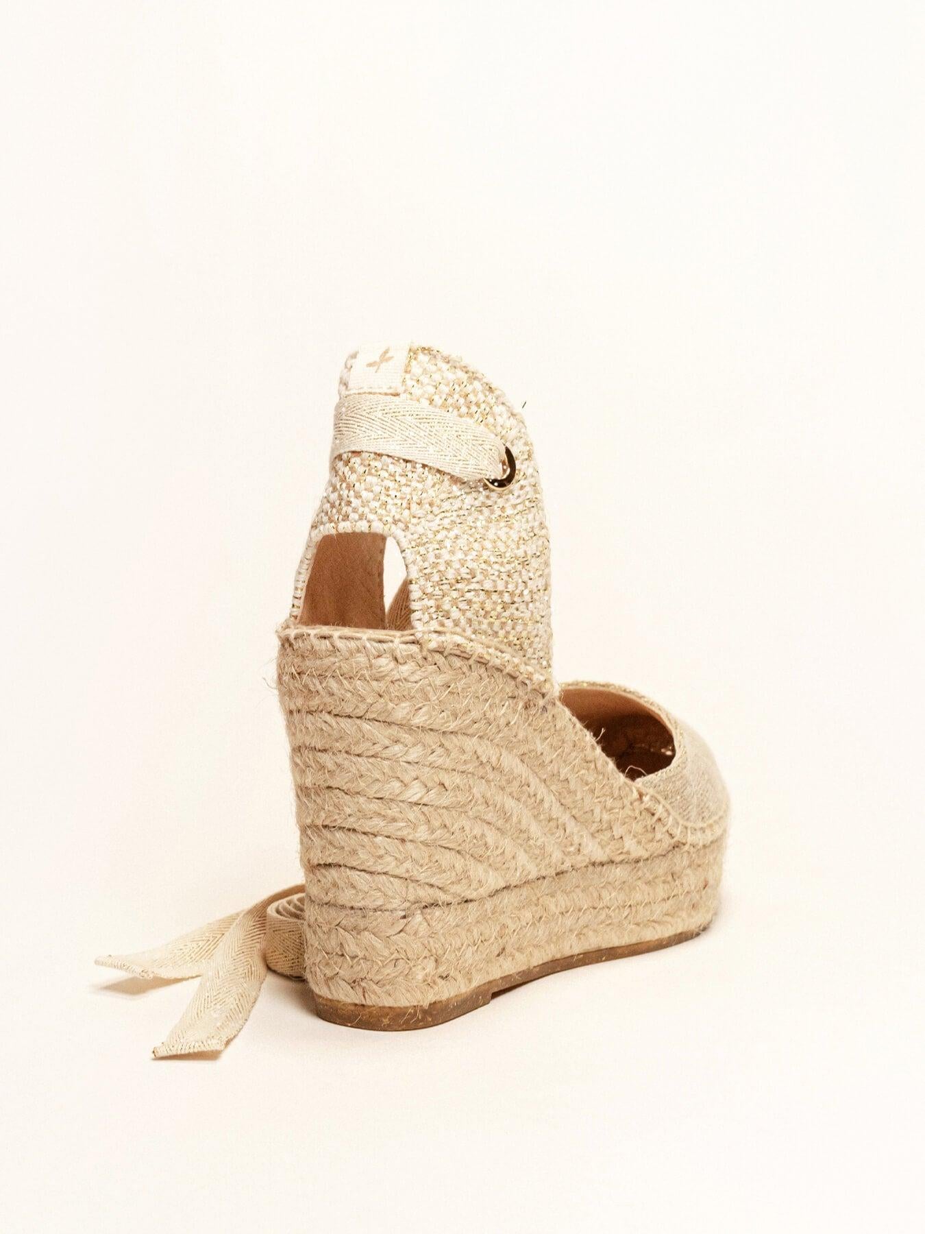 Sandália Anabela Alta Cala Linho Dourado Metalizado